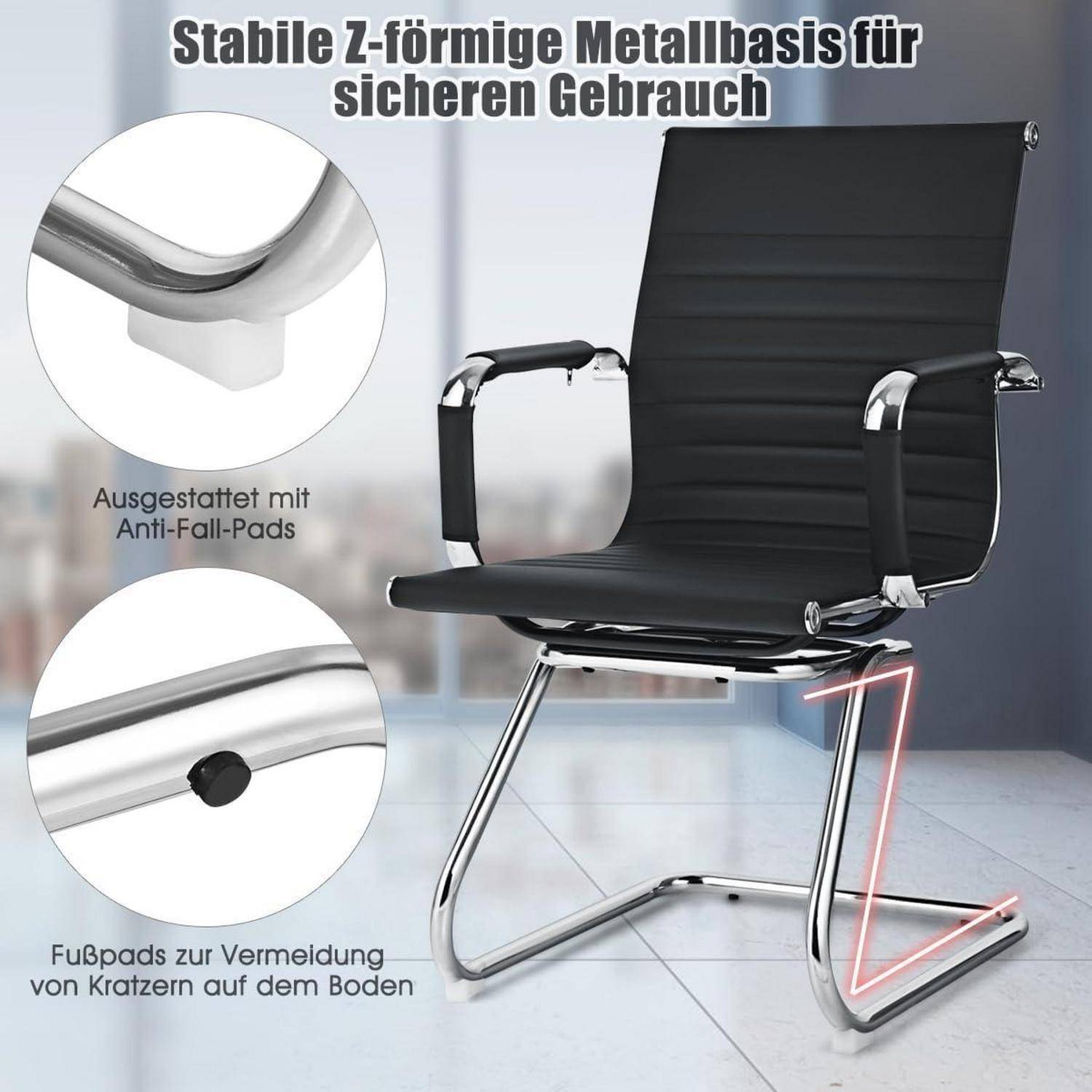 Schwarzer Bürostuhl mit verchromter Rohrbasis, hervorgehoben als stabile „Z-förmige Metallbasis" mit Sturzschutzpolstern und bodenfreundlichen Fußpolstern.