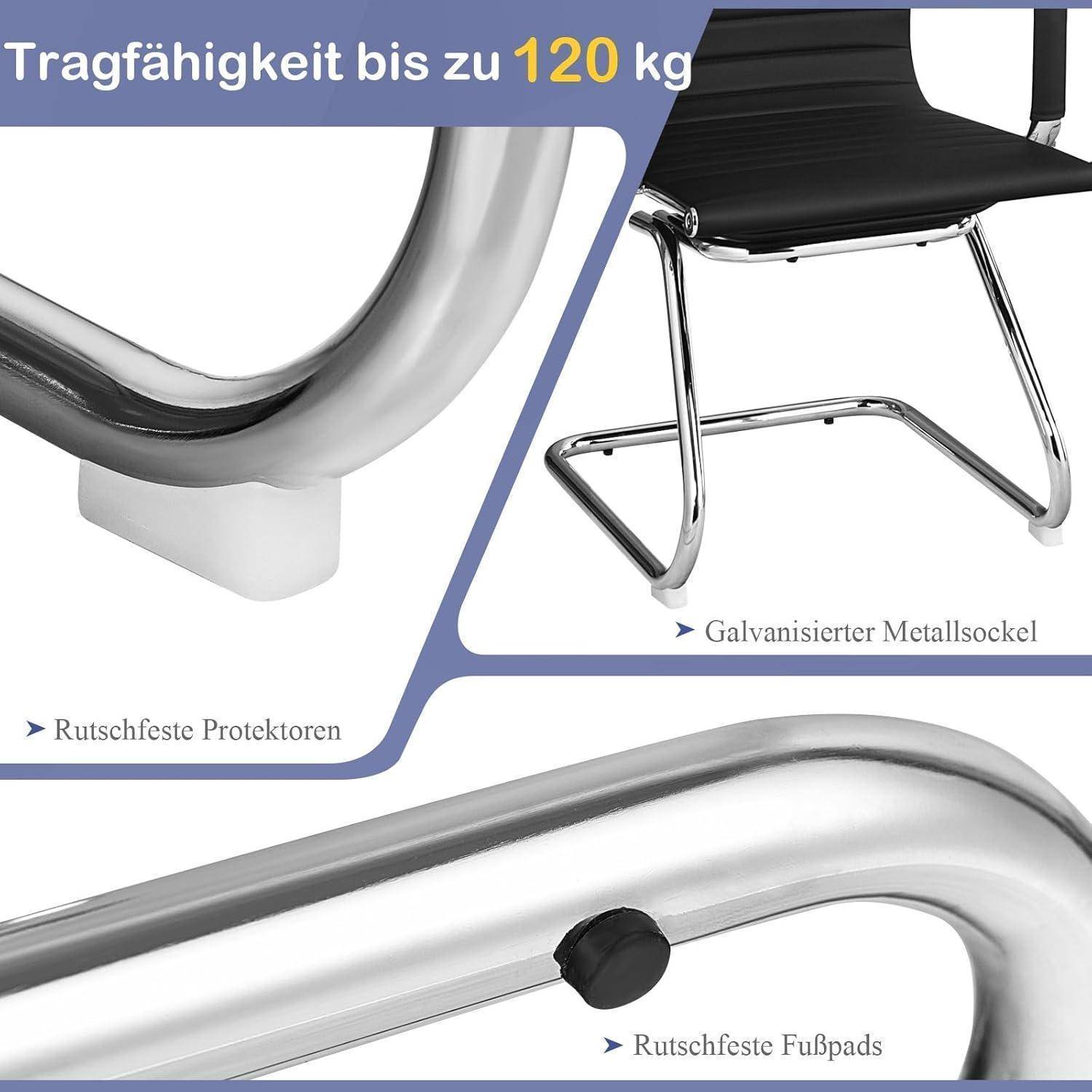 Werbeabbildung eines Stuhls mit verchromtem Kragarmgestell, gekennzeichnet mit Tragfähigkeit bis zu 120 kg und ausgestattet mit rutschfesten Schutzkappen, verzinkter Metallgestell und Fußpolstern.
