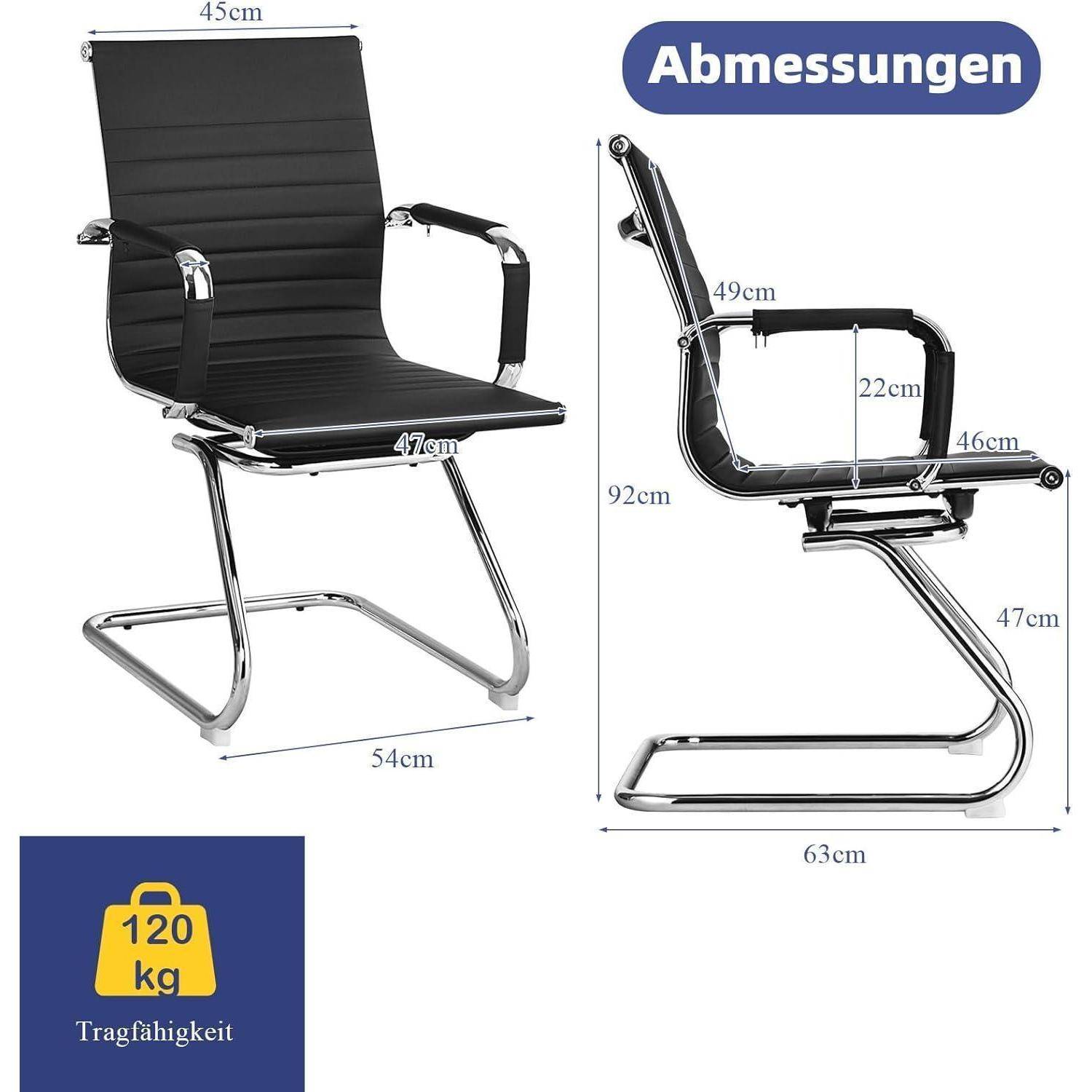 Bürostuhl-Abmessungen dargestellt in Front- und Seitenansicht, mit Messwerten und Gewichtskapazität von 120 kg angegeben.