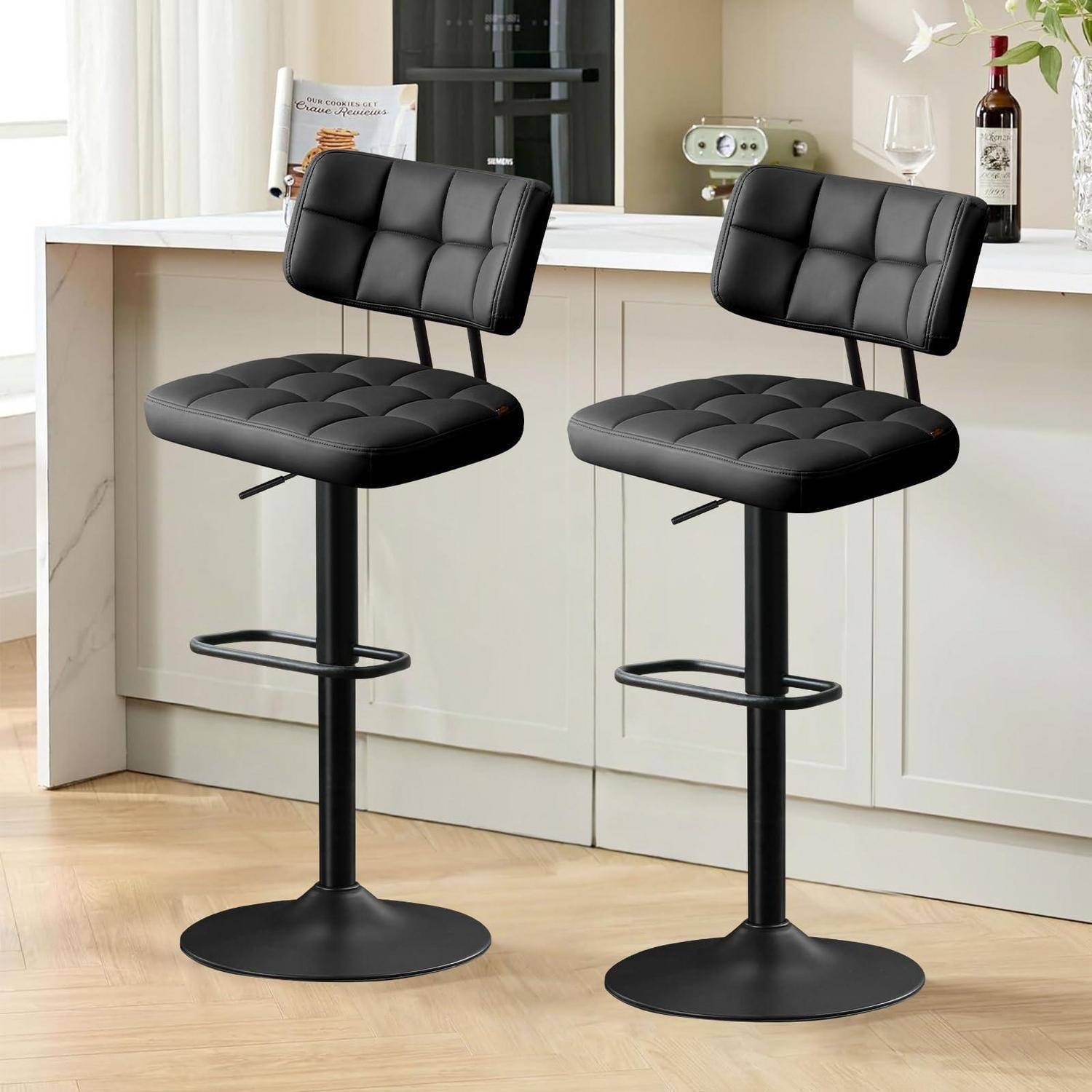 Barhocker 2er Set, Barstuhl höhenverstellbar aus PU-Leder, 360°Drehstuhl Küchenstuhl mit Rückenlehne und Fußstütze für Küche, Wohnzimmer, Essz