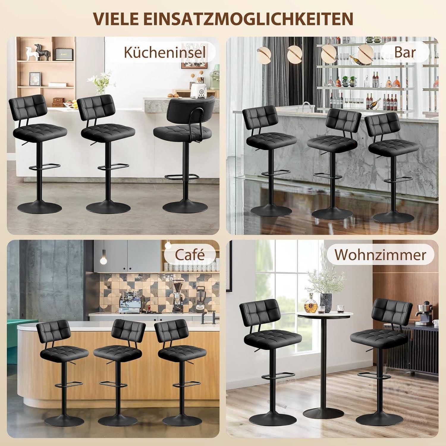 Barhocker 2er Set, Barstuhl höhenverstellbar aus PU-Leder, 360°Drehstuhl Küchenstuhl mit Rückenlehne und Fußstütze für Küche, Wohnzimmer, Essz