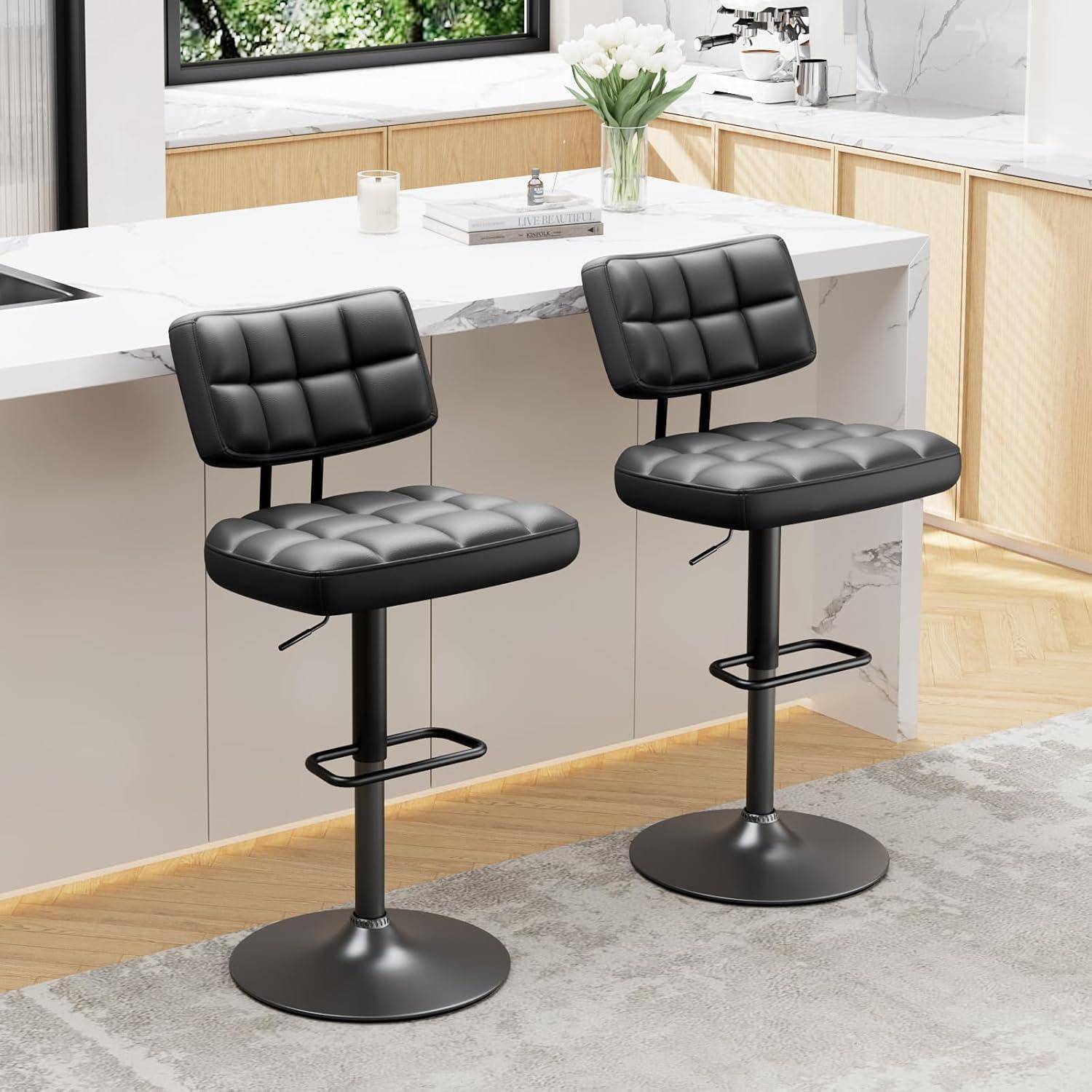 Barhocker 2er Set, Barstuhl höhenverstellbar aus PU-Leder, 360°Drehstuhl Küchenstuhl mit Rückenlehne und Fußstütze für Küche, Wohnzimmer, Essz