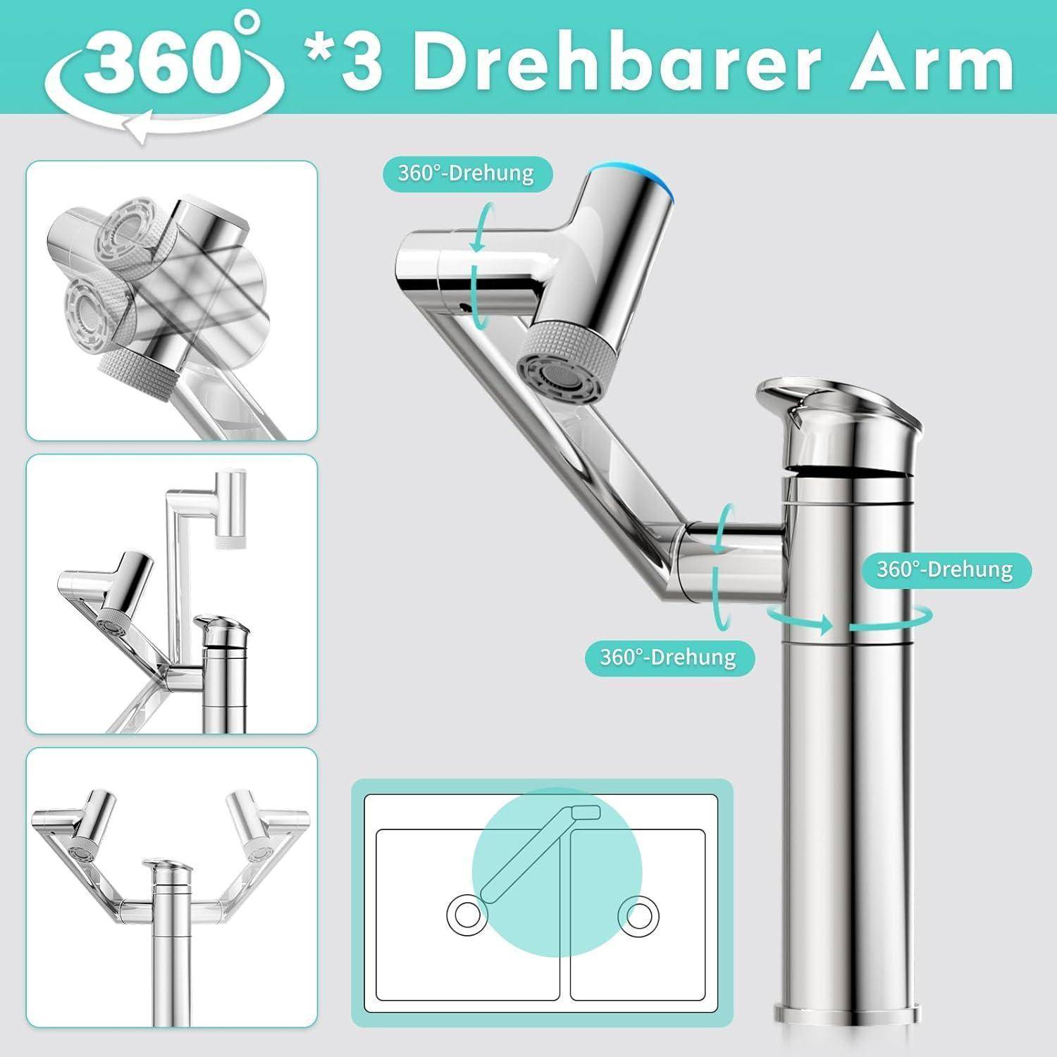 Produktgrafik mit einem chromfarbenen Wasserhahn mit den Bezeichnungen „360° Drehbarer Arm