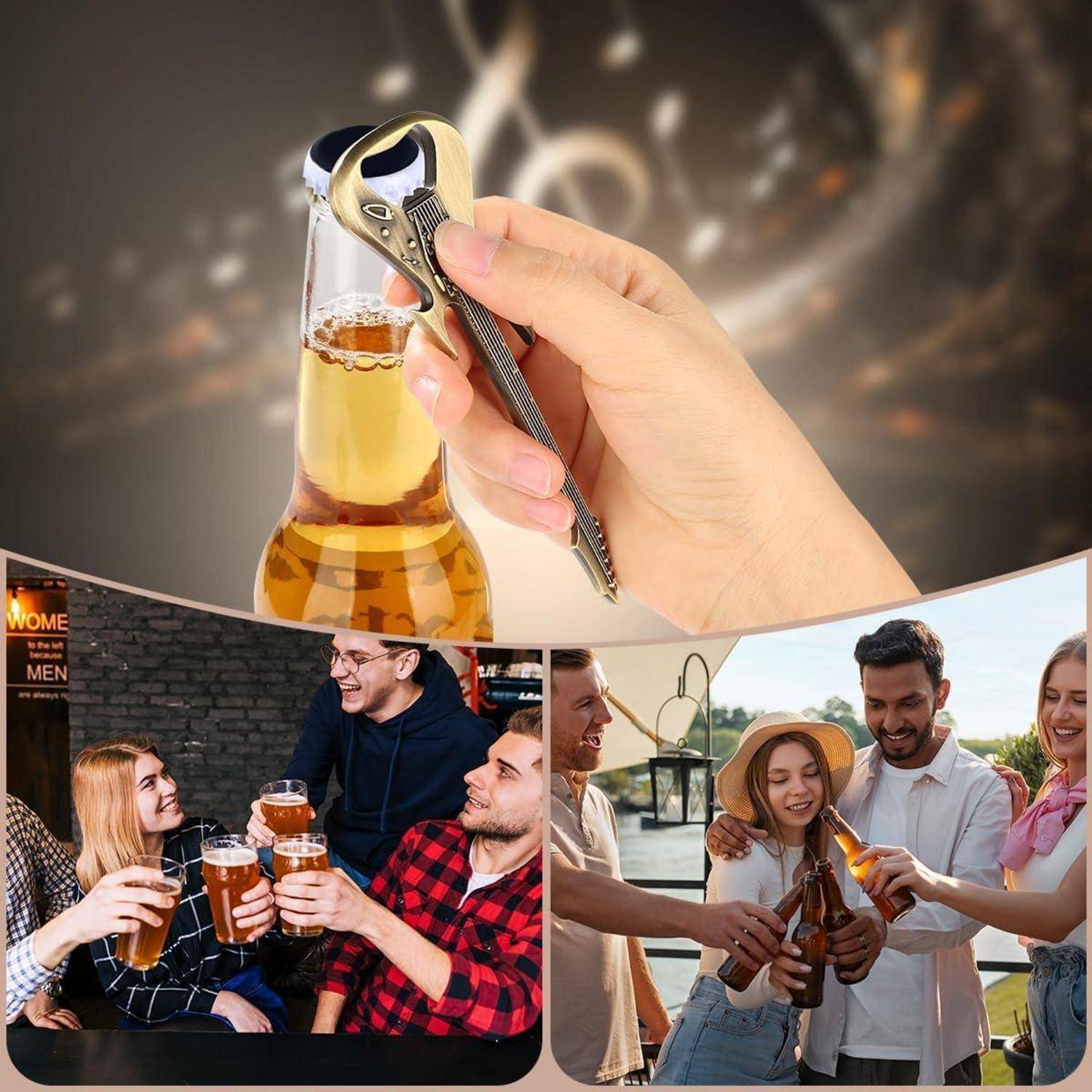 Hand, die einen Flaschenöffner benutzt, um eine Bierflasche zu öffnen, mit zwei Szenen darunter von Freunden, die in einer Kneipe und im Freien mit Bier anstoßen.