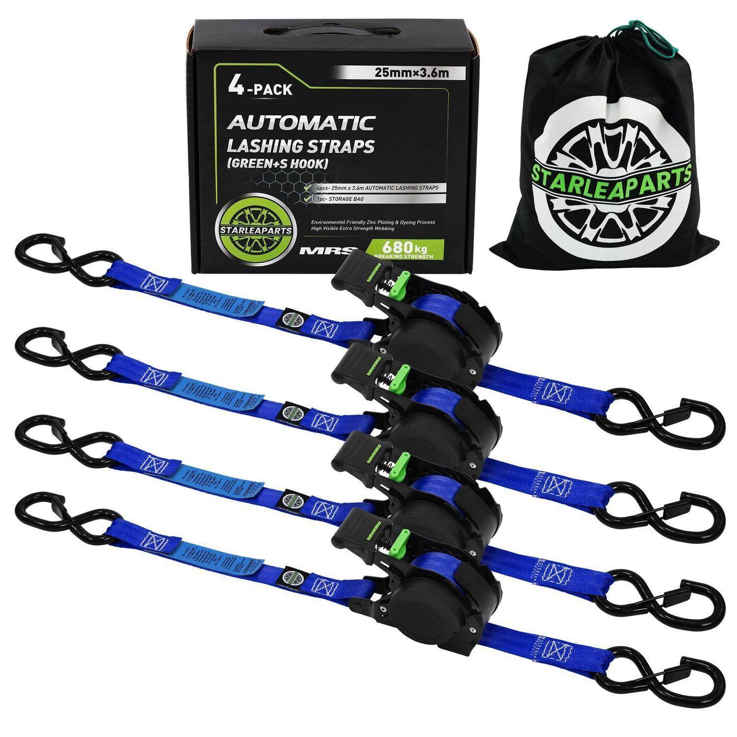 Packung mit 4 automatischen Spanngurten mit Haken, gezeigt mit Schachtel und Tragetasche; blaue Befestigungsgurte mit Ratschenmechanismen.