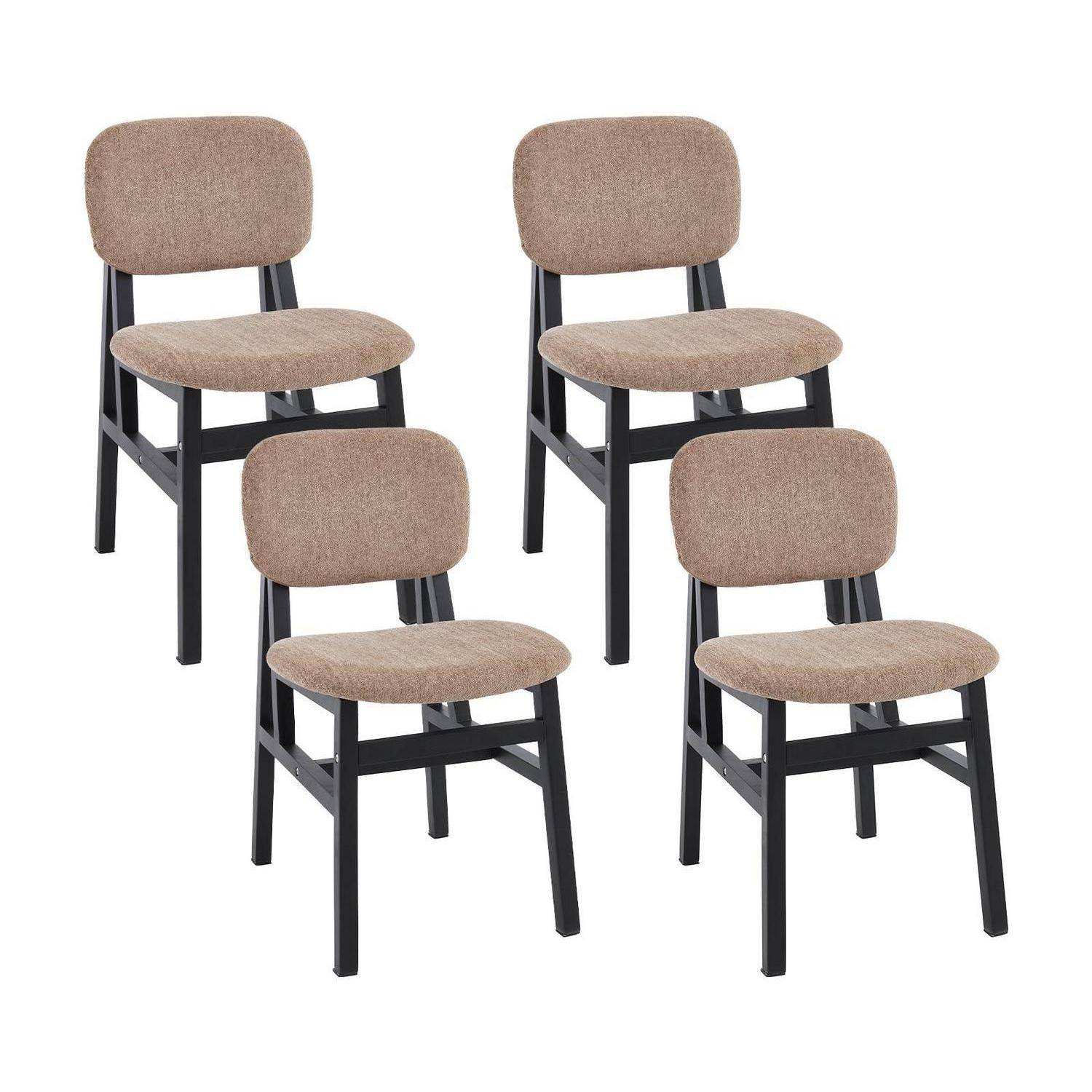 Vier beige gepolsterte Esszimmerstühle mit schwarzen Beinen auf weißem Hintergrund.
