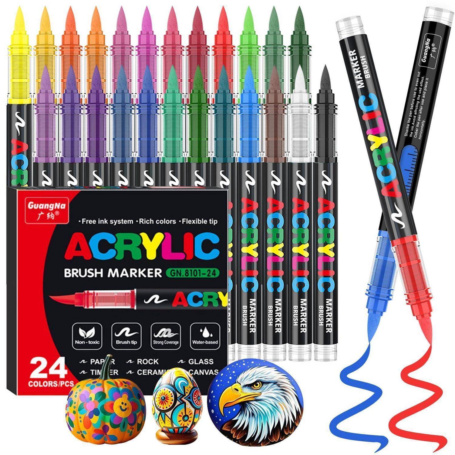 Schachtel mit 24 Acryl-Pinselmarkern in verschiedenen Farben und Musterkunstwerk mit leuchtend bemalten Linien und dekorierten Objekten.