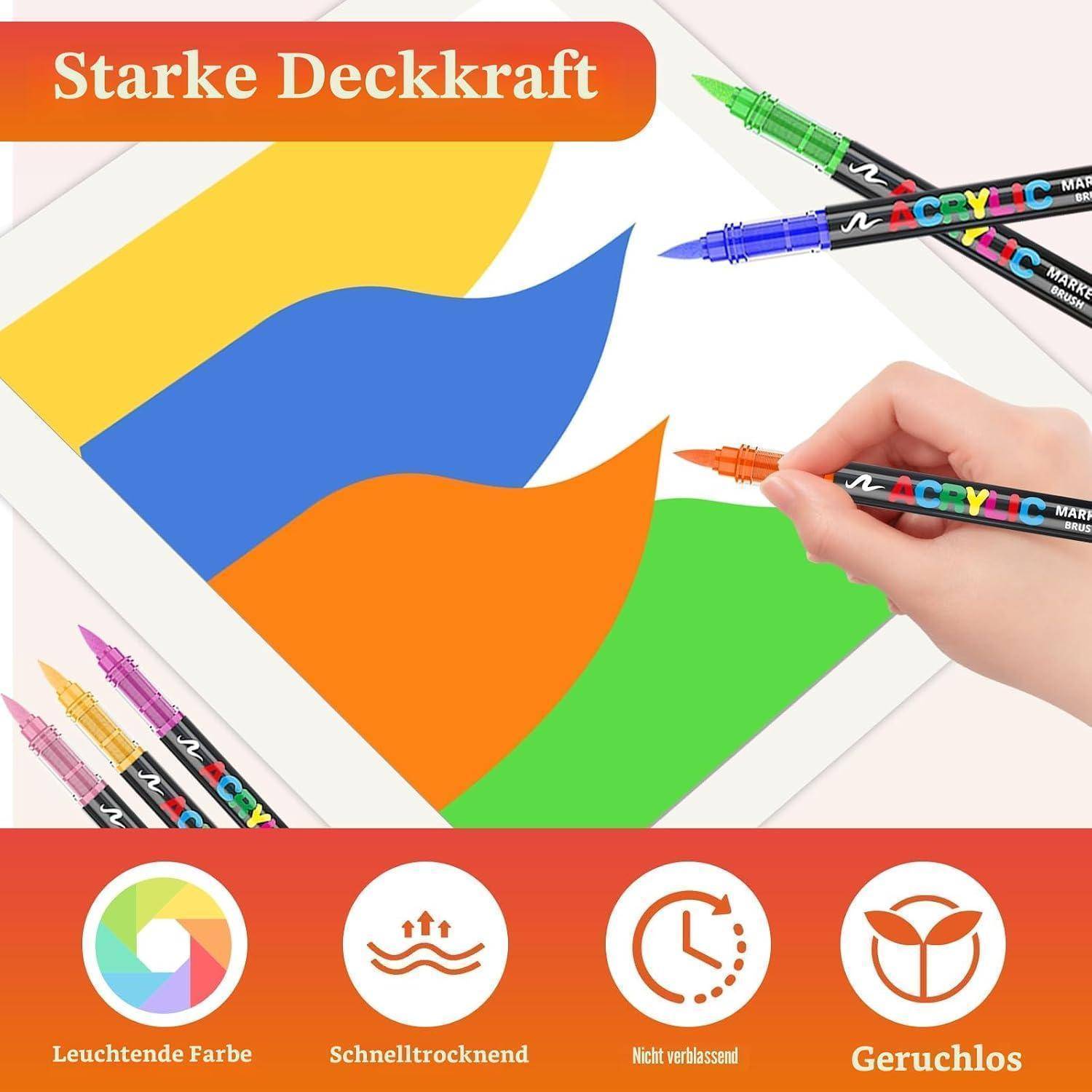 Werbebild von Acrylmarkern, die ein Blatt mit kräftigen blauen, orangefarbenen, gelben und grünen Farbmustern färben; der Text lautet „Starke Deckkraft" und Symbole kennzeichnen intensive Farbe, schnelltrocknend, lichbeständig und geruchlos.
