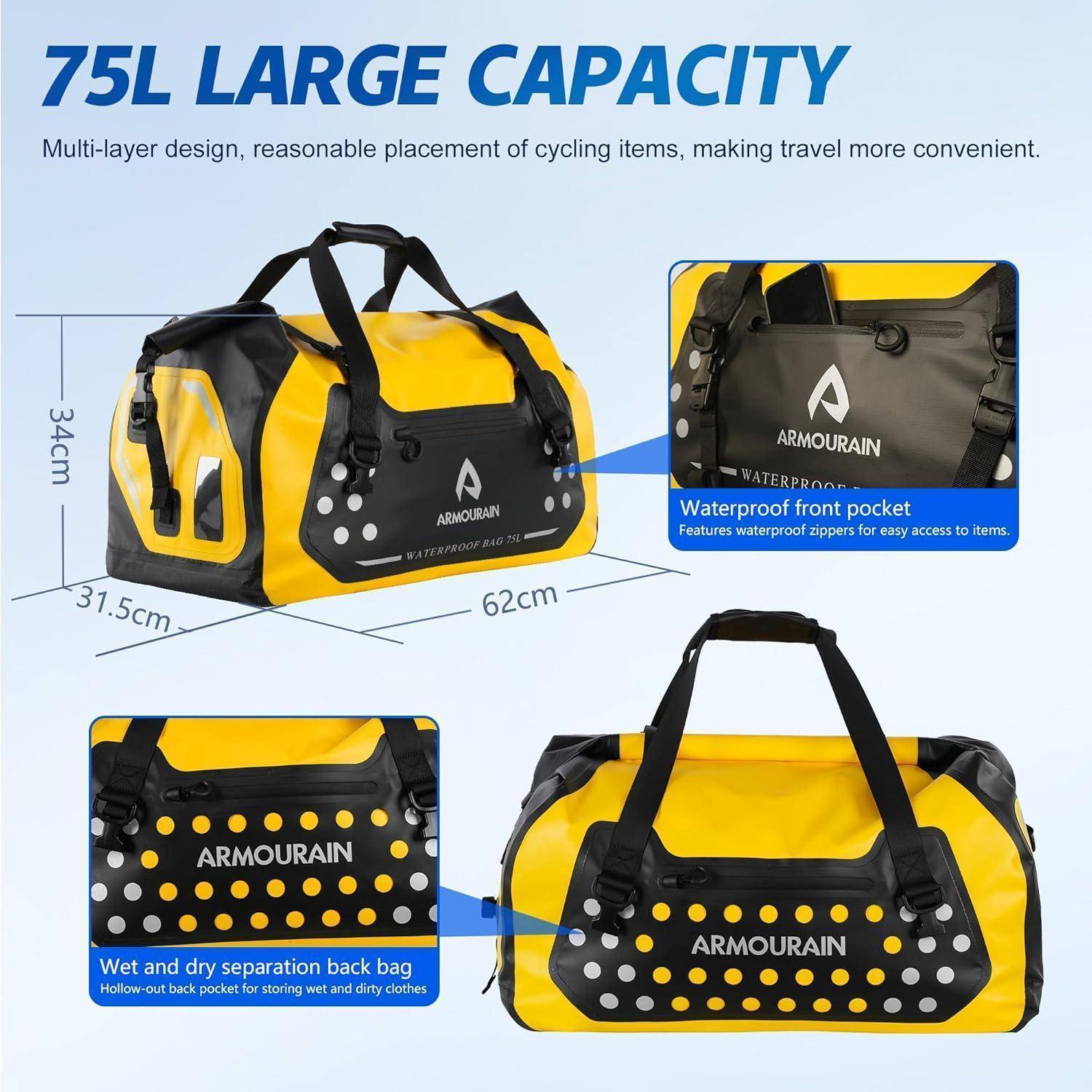Produktbild einer gelb-schwarzen 75-Liter-Reisetasche mit mehreren Taschen, zeigt Abmessungen von 62 cm x 31,5 cm x 34 cm und Beschriftungen für eine wasserdichte Vordertasche und eine Nassfach-/Trockenfach-Unterteilung auf der Rückseite.