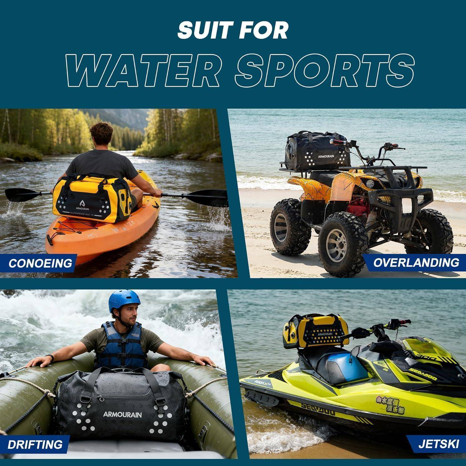 Anzug für Wassersportarten: Eine gelb-schwarze wasserdichte Tasche, gezeigt auf einem Kanu, ATV, Flugboot und Jetski für Kanufahrten, Overlanding, Driften und Jetski-Nutzung.
