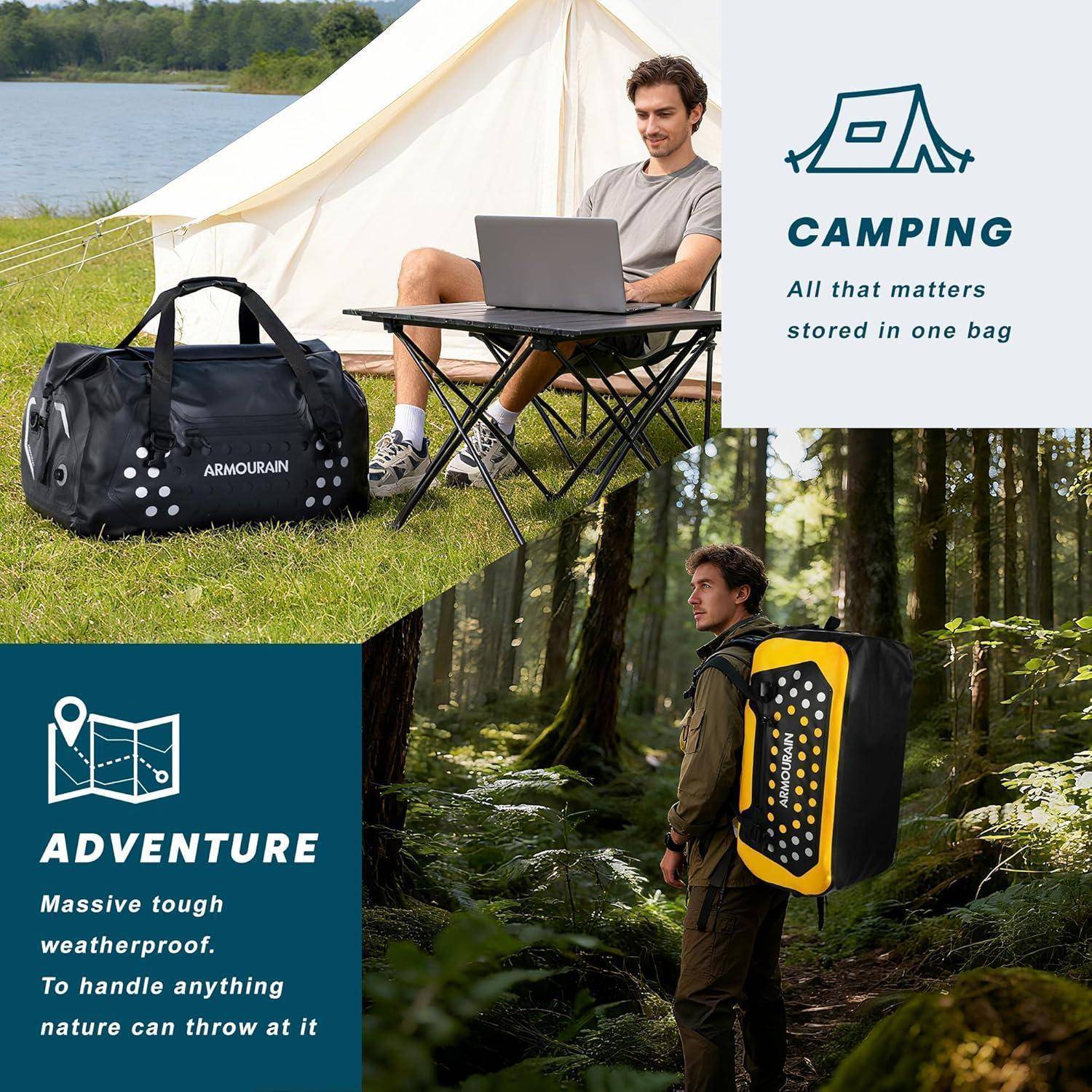 Collage, die einen umwandelbaren Camping-Rucksack/Rucksack wirbt, der an einem Seeufer-Campingplatz und im Wald verwendet wird, mit den Überschriften "CAMPING"" und ""ABENTEUER"" und Text über das Verstauen aller Essentials in einer Tasche.