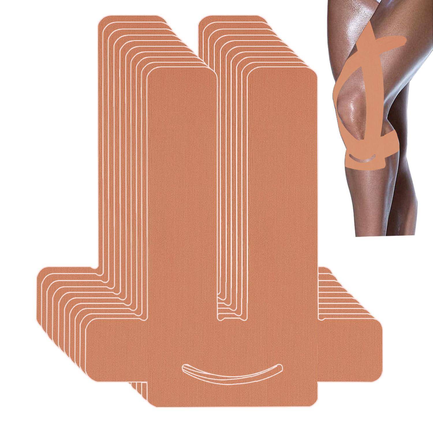 Kinesiologie-Tape-Streifen, die in einem gestapelten Paket gezeigt werden, mit einer eingefügten Darstellung von Tape, das auf einem Knie zur Unterstützung angebracht ist.