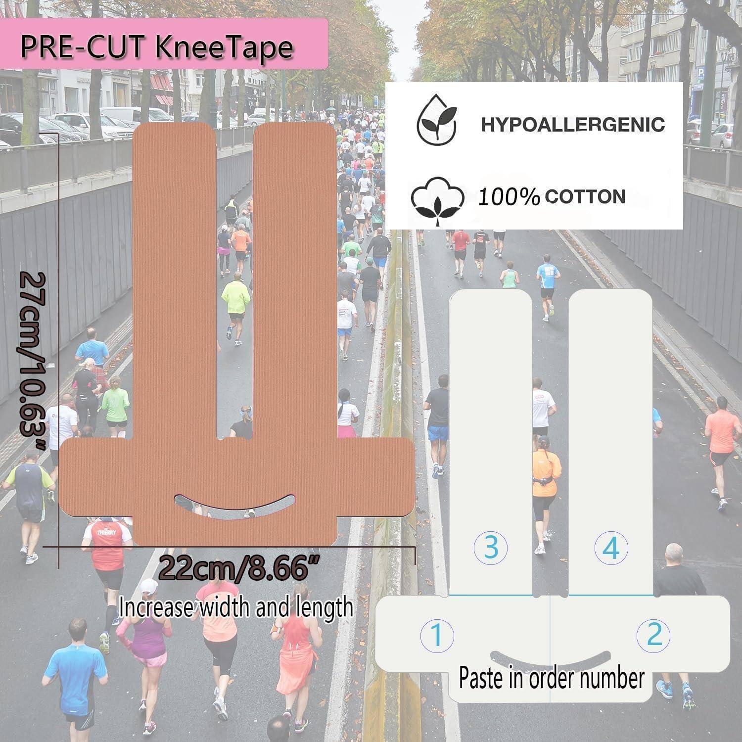 Illustration von vorgeschnittenem Kinesio-Tape für das Knie mit den Abmessungen 27 cm × 22 cm, gekennzeichnet als hypoallergen und 100% Baumwolle, mit nummerierten Schritten 1 bis 4 und der Anleitung „In Reihenfolge aufkleben