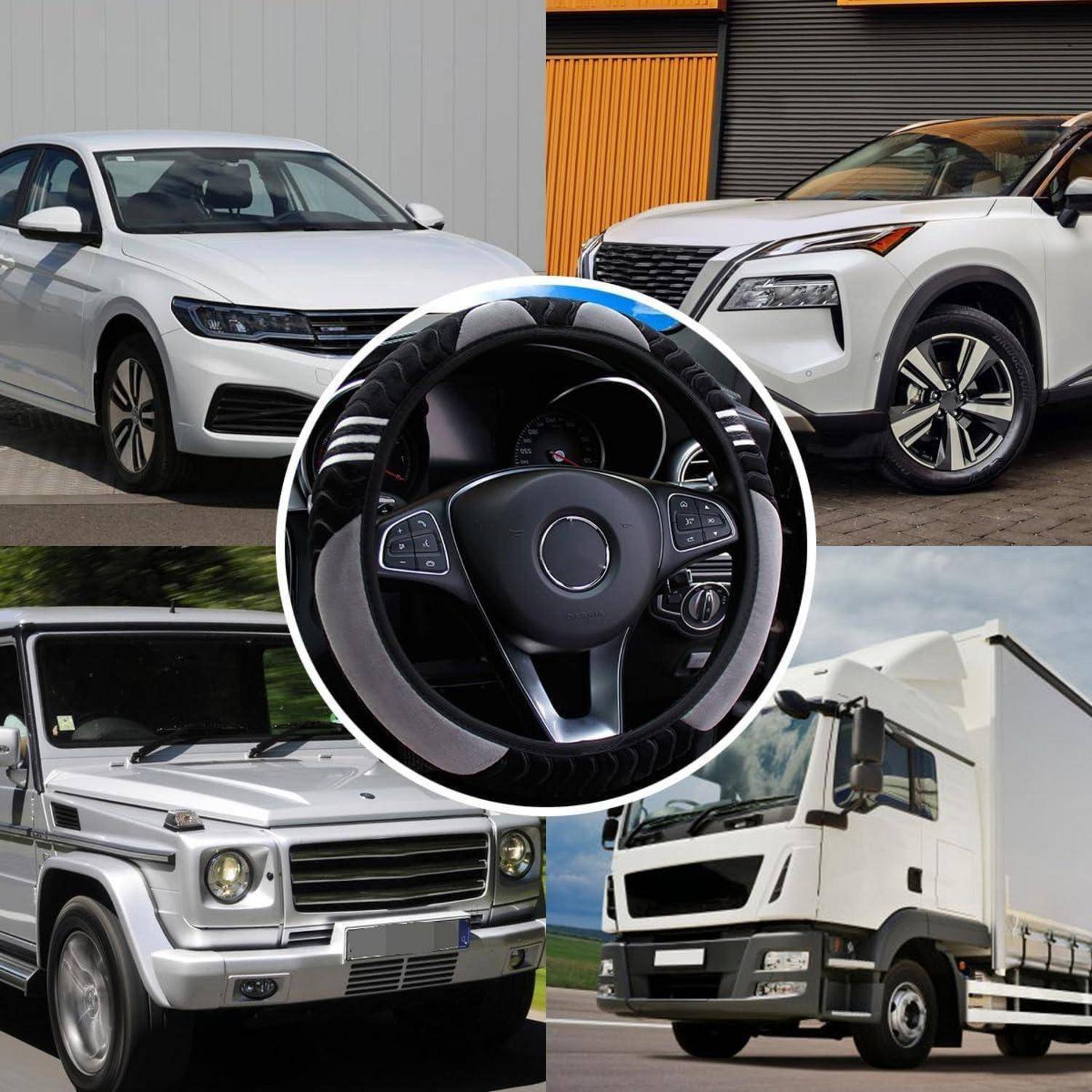 Collage von Fahrzeugen: zwei weiße SUVs oben, silberner SUV und weißer Kastenwagen unten, mit einem Autolenkrad in der Mitte vorne.