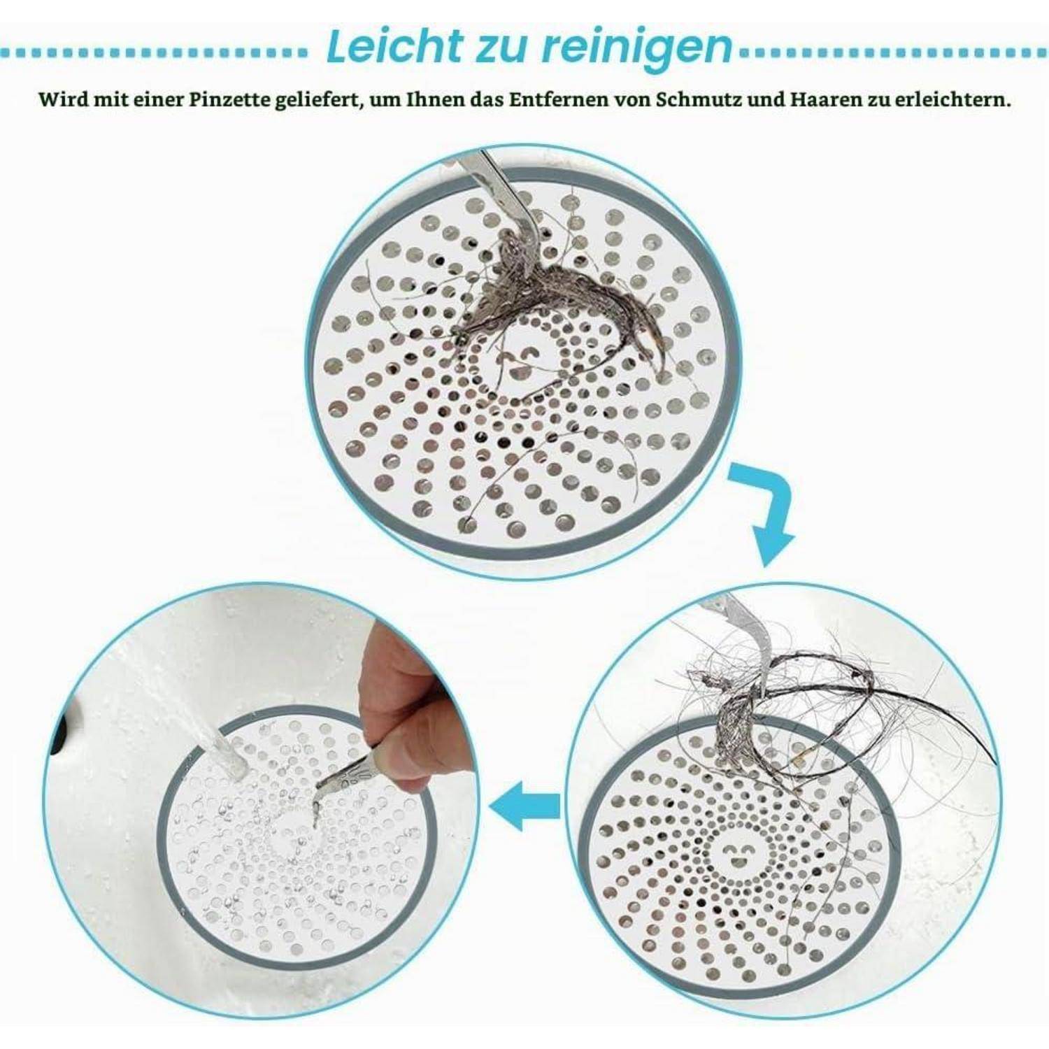 Anleitung grafik, die einen Duschablauffilter zeigt, der mit einer Pinzette gereinigt wird; der Text besagt 