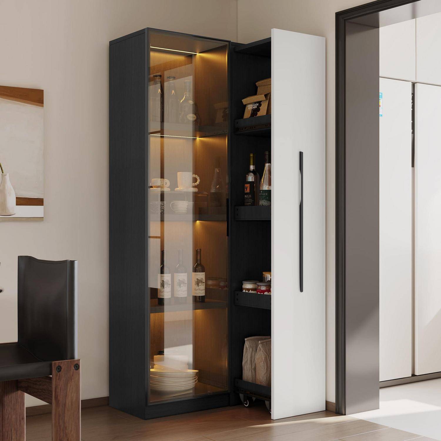 Vitrine 70×40×160 cm mit 4-Lagen Glastüren Glasvitrine und Seitlicher Auszug für zusätzlichen Stauraum & LED-Beleuchtung, Eckvitrine für Wohnzim