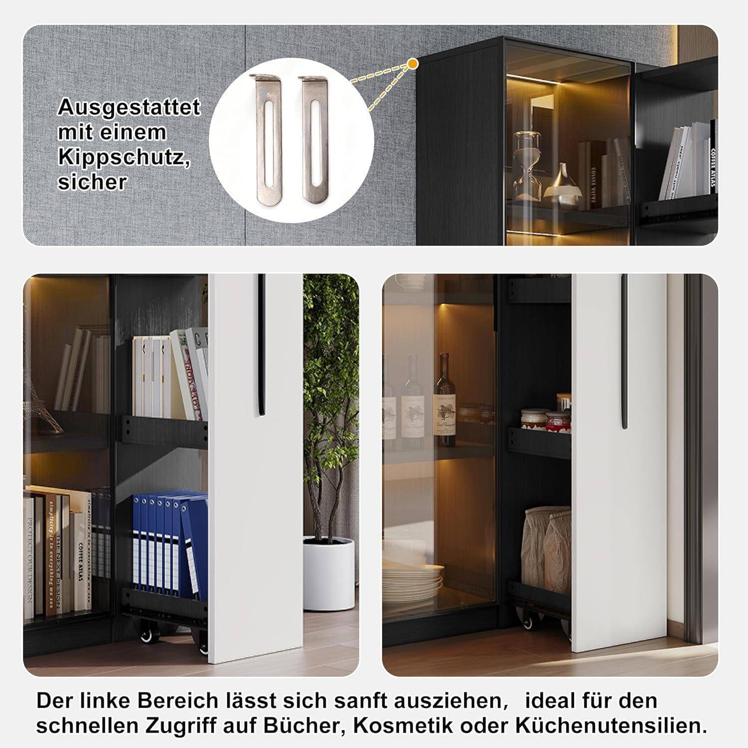 Vitrine 70×40×160 cm mit 4-Lagen Glastüren Glasvitrine und Seitlicher Auszug für zusätzlichen Stauraum &amp; LED-Beleuchtung, Eckvitrine für Wohnzim