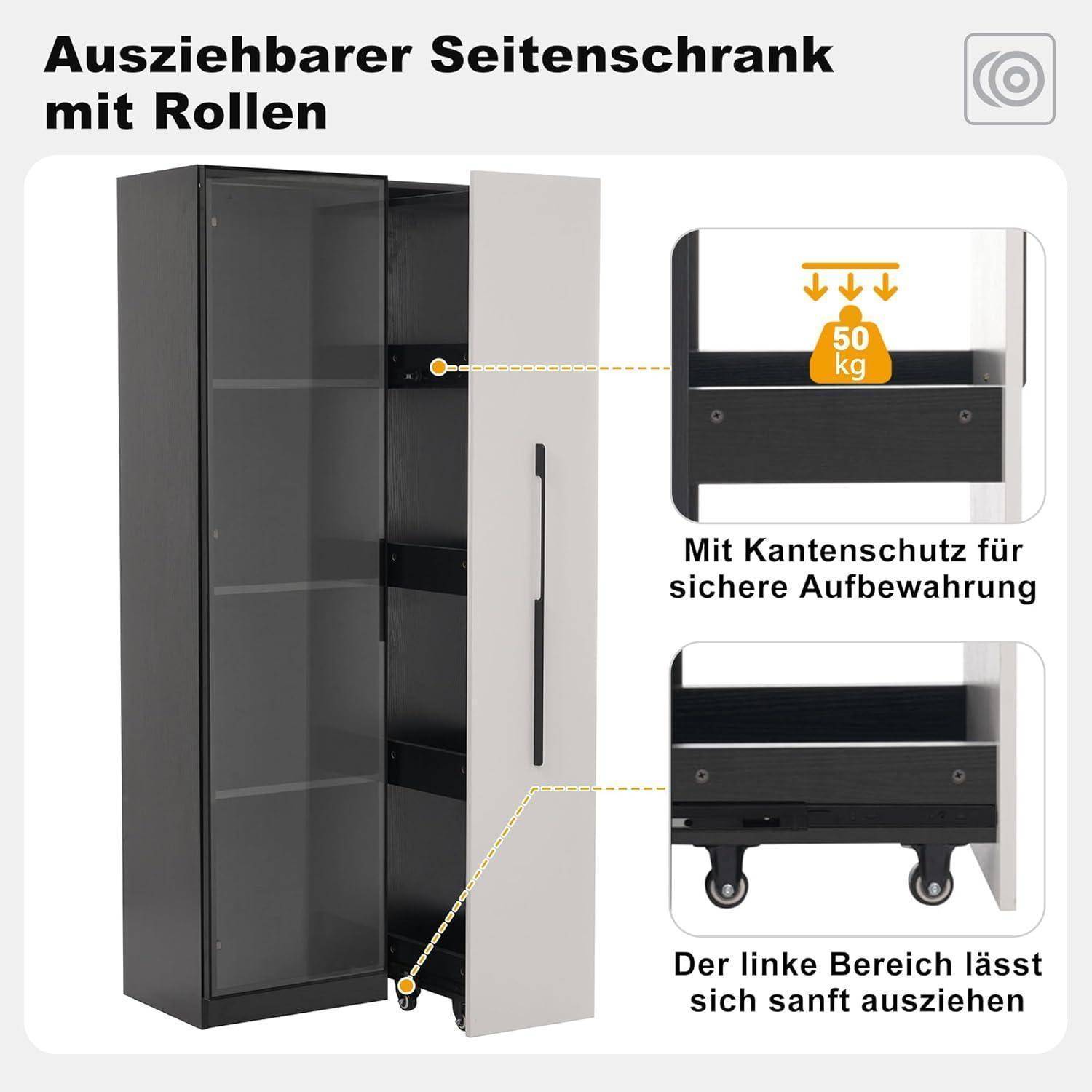 Vitrine 70×40×160 cm mit 4-Lagen Glastüren Glasvitrine und Seitlicher Auszug für zusätzlichen Stauraum &amp; LED-Beleuchtung, Eckvitrine für Wohnzim