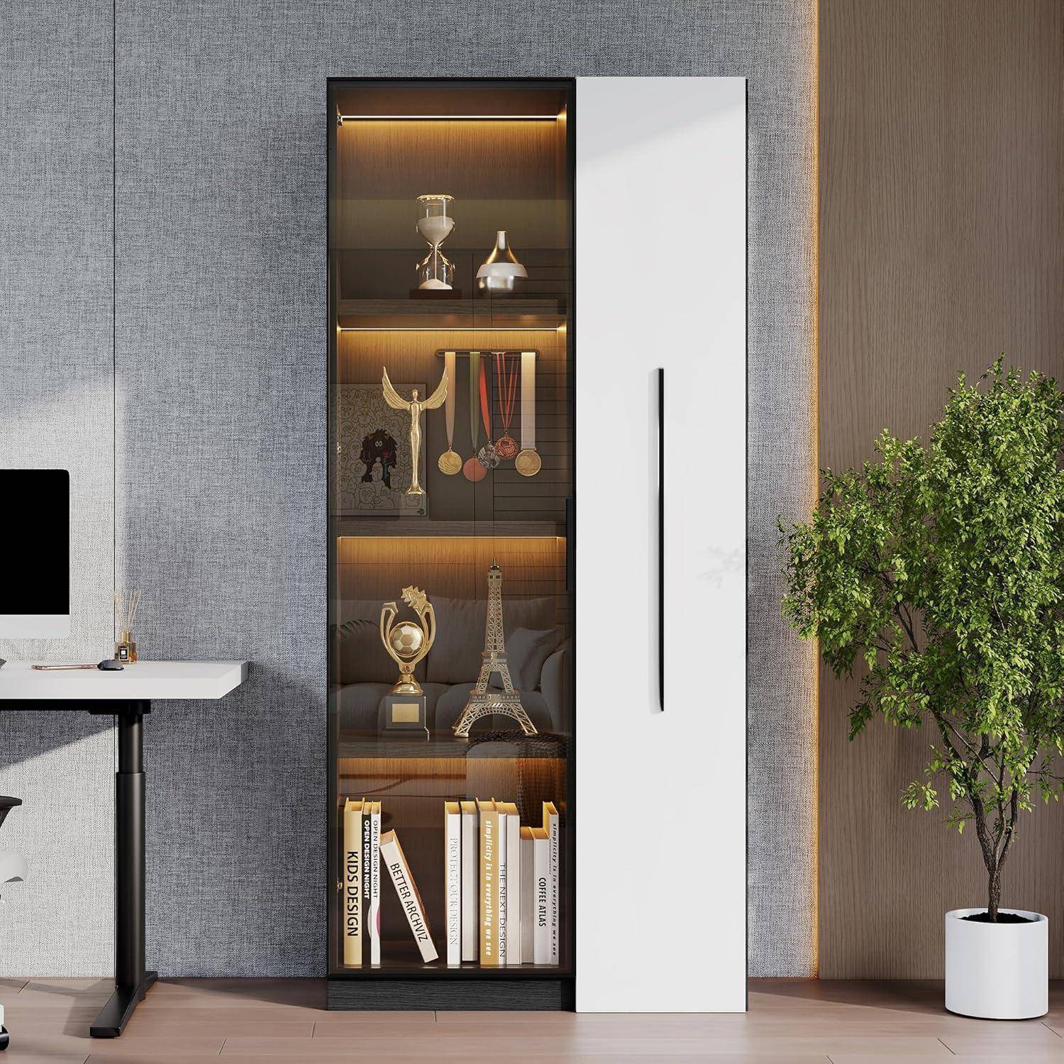 Vitrine 70×40×160 cm mit 4-Lagen Glastüren Glasvitrine und Seitlicher Auszug für zusätzlichen Stauraum &amp; LED-Beleuchtung, Eckvitrine für Wohnzim