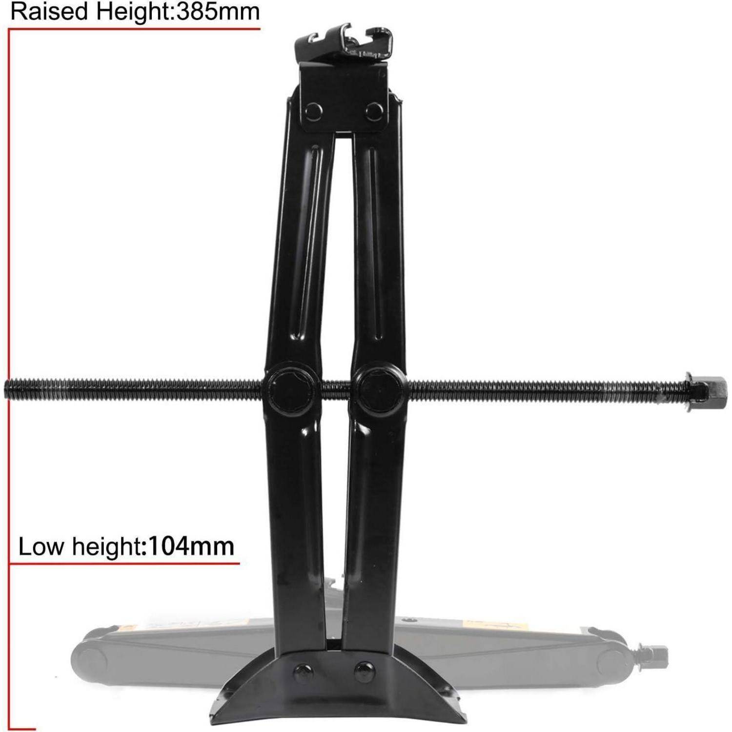 Schwarzer Scherendomkraft, dargestellt in ausgefahrenem Zustand, mit der Bezeichnung „Angehobene Höhe: 385 mm