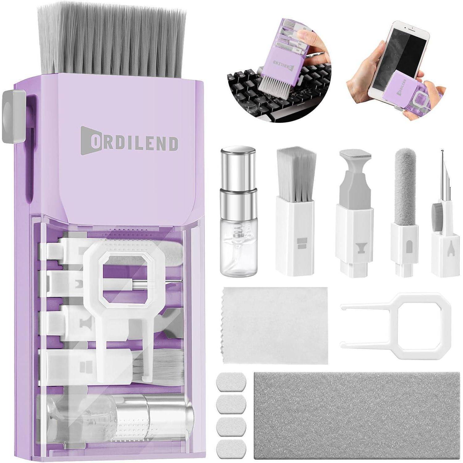 Kit zur Nagelpflege-Aufbewahrung in Violett mit austauschbaren Schliff-, Bohr- und Bürstenwerkzeugköpfen, plus Telefonhalter und Zubehör für Maniküre-/Pediküre-Verwendung.