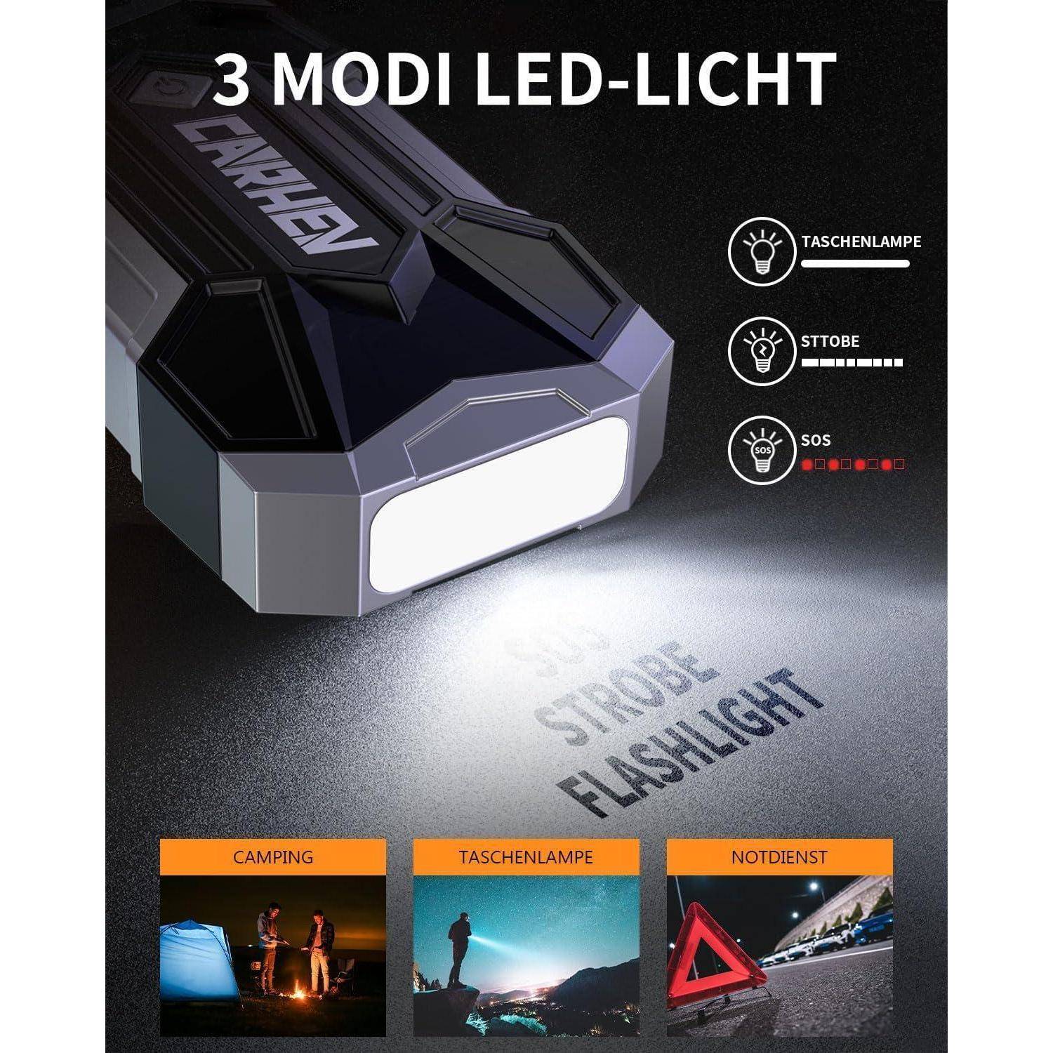Werbebild einer 3-Modus-LED-Taschenlampe mit deutschen Beschriftungen für Taschenlampe, Lampe und SOS-Notlicht, das Camping-, tragbare und Straßenrand-Warnungsanwendungen zeigt.