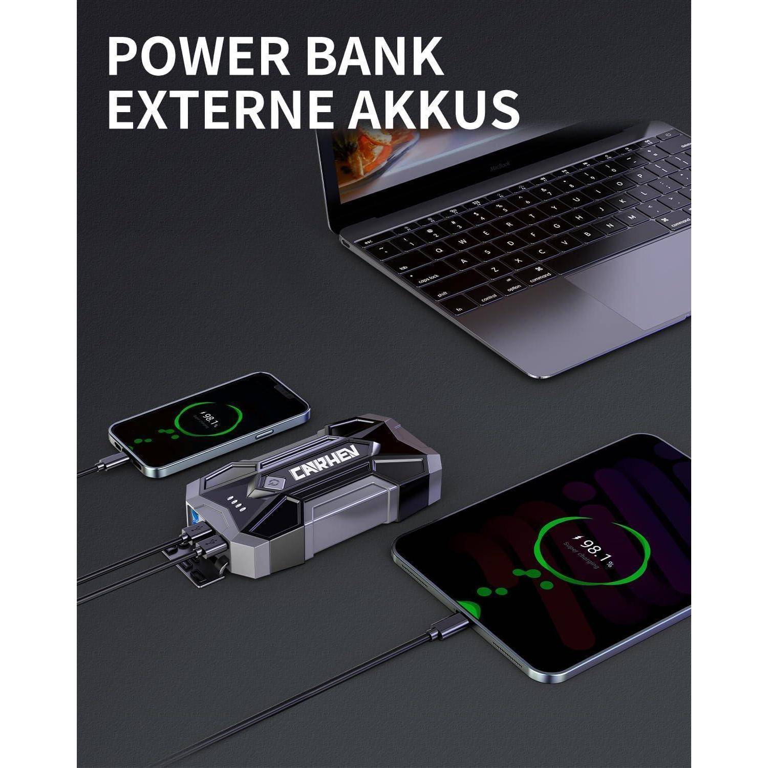 Werbebild einer tragbaren Powerbank mit der Bezeichnung „POWER BANK EXTERNE AKKUS