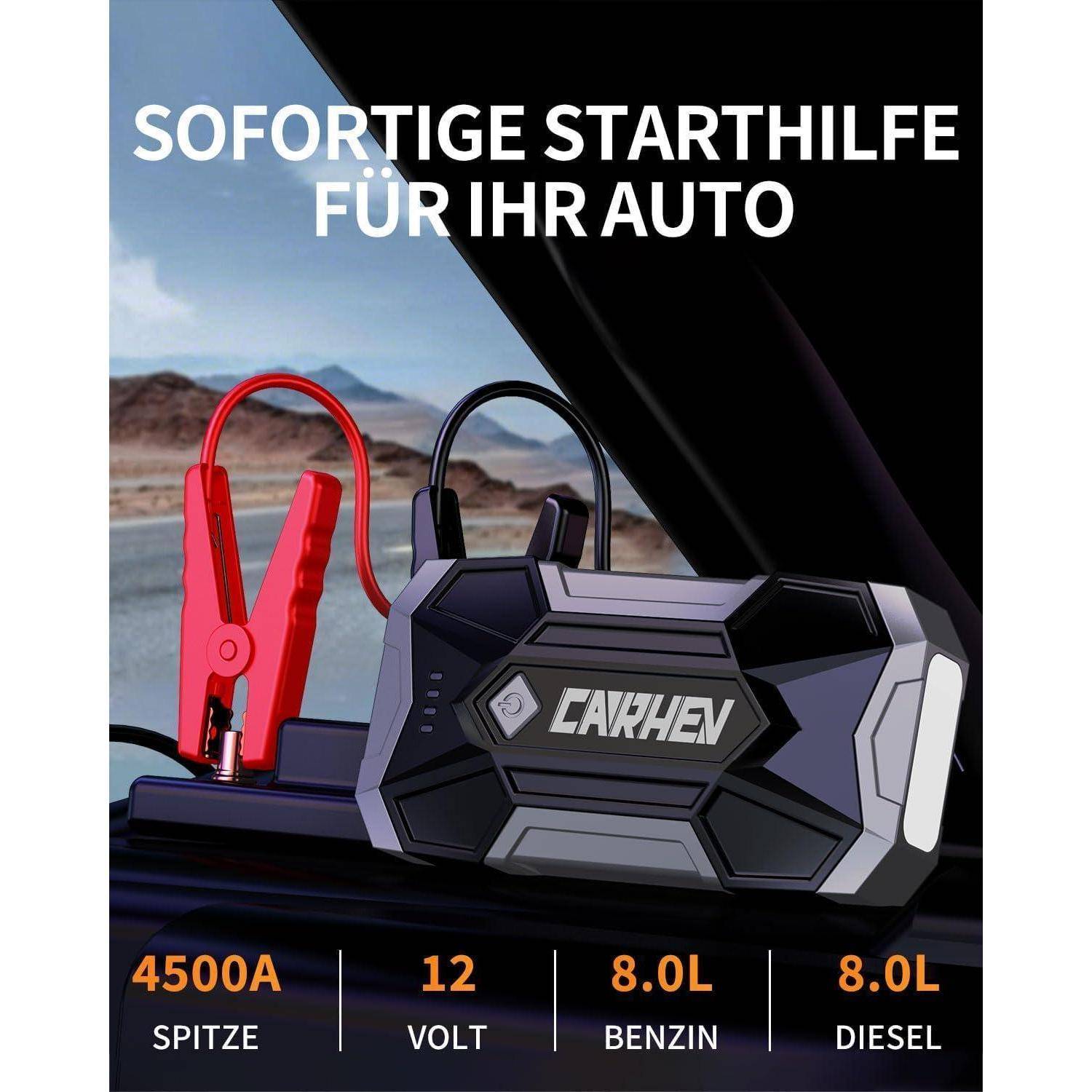 Autostarthilfegerät mit roten Klemmen und digitalem Display; Text besagt „Sofortige Starthilfe für Ihr Auto