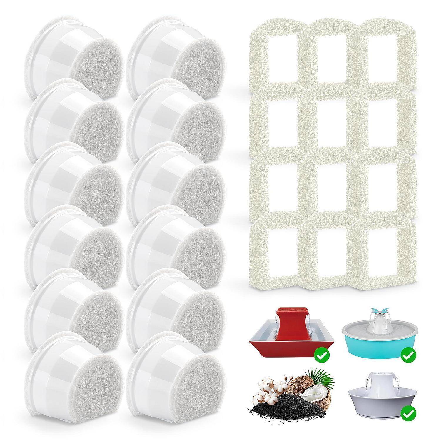 Satz von Klettverschluss-Pads mit transparenten kreisförmigen Befestigungselementen, weißen Gitterstreifen und Beispielen kompatibler Hängebehälter, die mit grünen Häkchen gekennzeichnet sind.