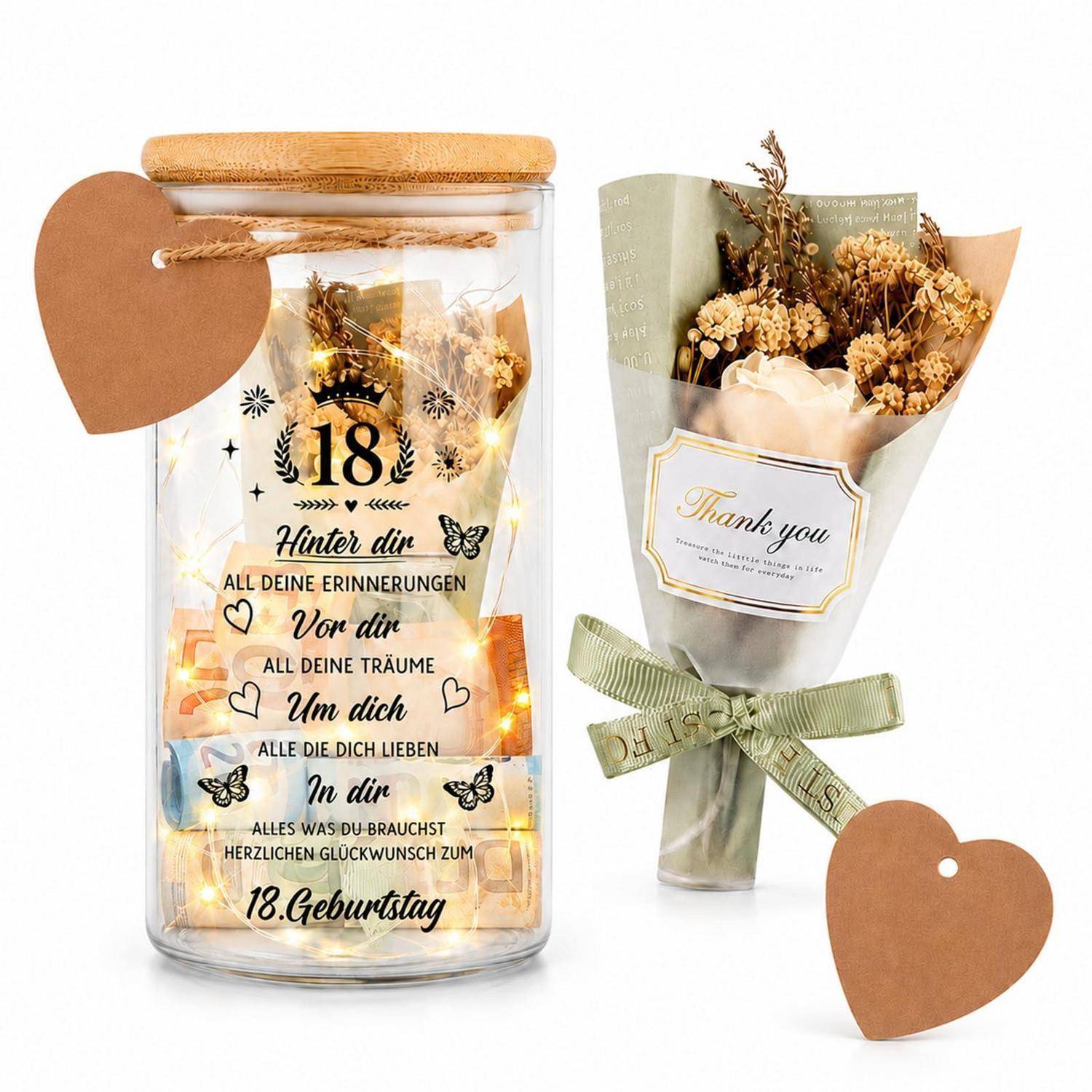 Glasgefäß mit Geschenk mit Feenlichtern und deutscher „18