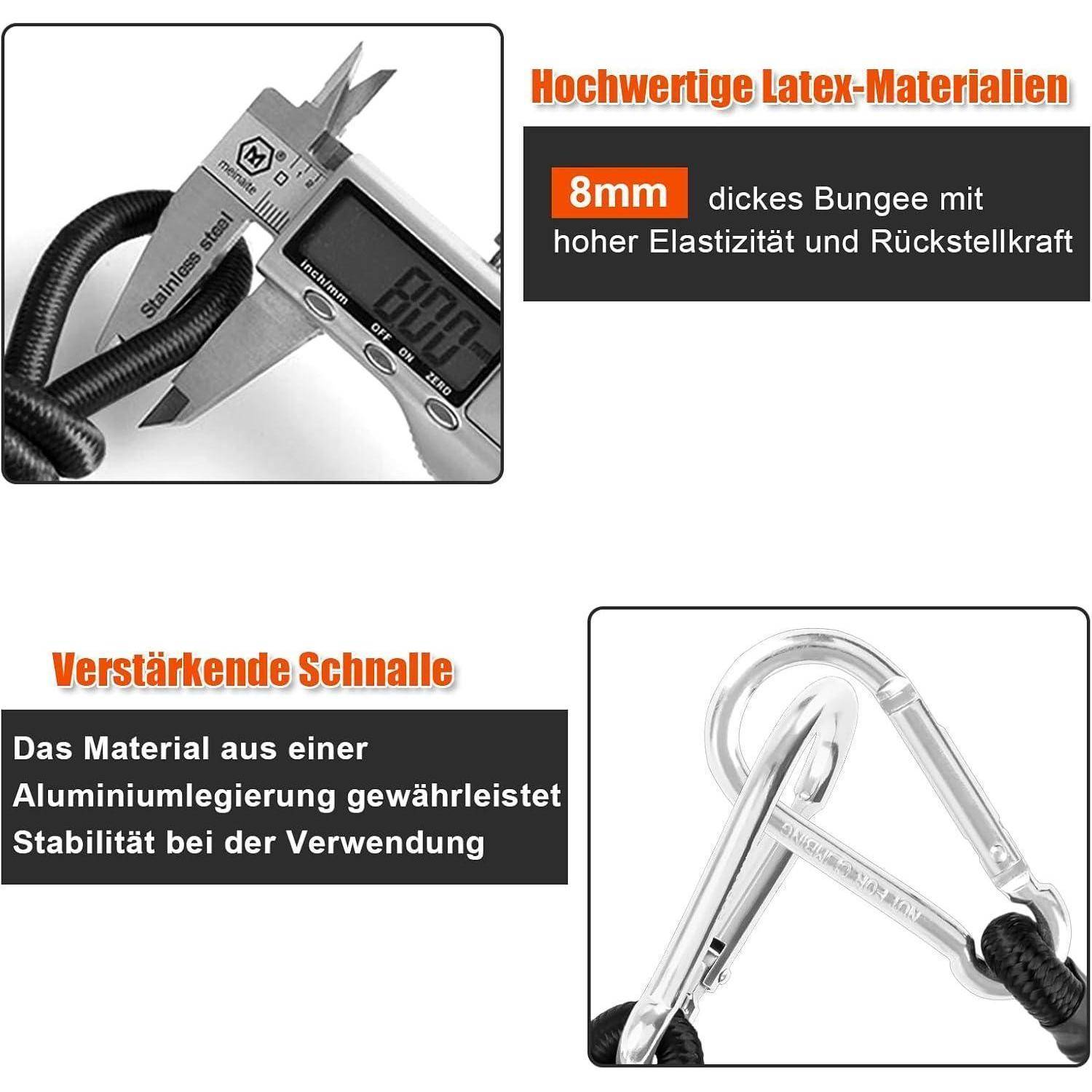 Werbegrafik, die ein 8-mm-schwarzes Bungee-Seil zeigt, das mit einer Schieblehre gemessen wird, und einen verstärkten Aluminium-Karabinerhaken mit deutschen Etiketten, die hochwertige Latex-Materialien und Stabilität hervorheben.