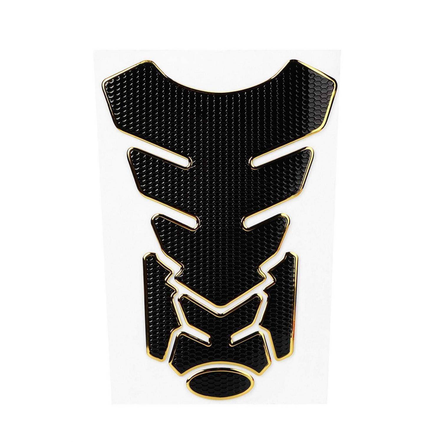 Schwarzes strukturiertes Klebstoff-Tankpad mit goldener Umrandung, geformt wie ein stilisiertes Schädel-/Rüstungsdesign zum Schutz des Motorrad-Kraftstofftanks.