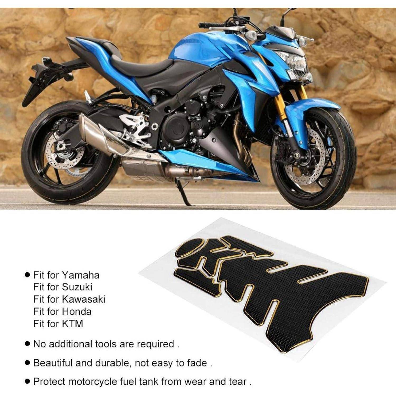 Blaues Sportmotorrad über einem Tankschutz-Aufkleber gezeigt; der Text besagt, dass es für Yamaha, Suzuki, Kawasaki, Honda und KTM passt, ohne Werkzeuge erforderlich und mit Tankschutz.