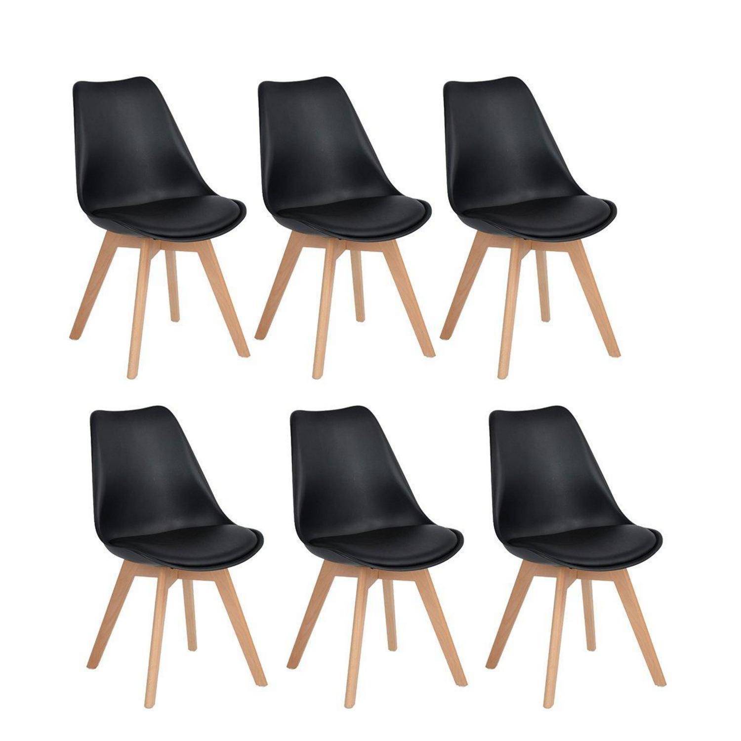 Sechs moderne schwarze Esszimmerstühle mit geformten Sitzflächen und hellen Holzbeinen, angeordnet in zwei Reihen auf weißem Hintergrund.