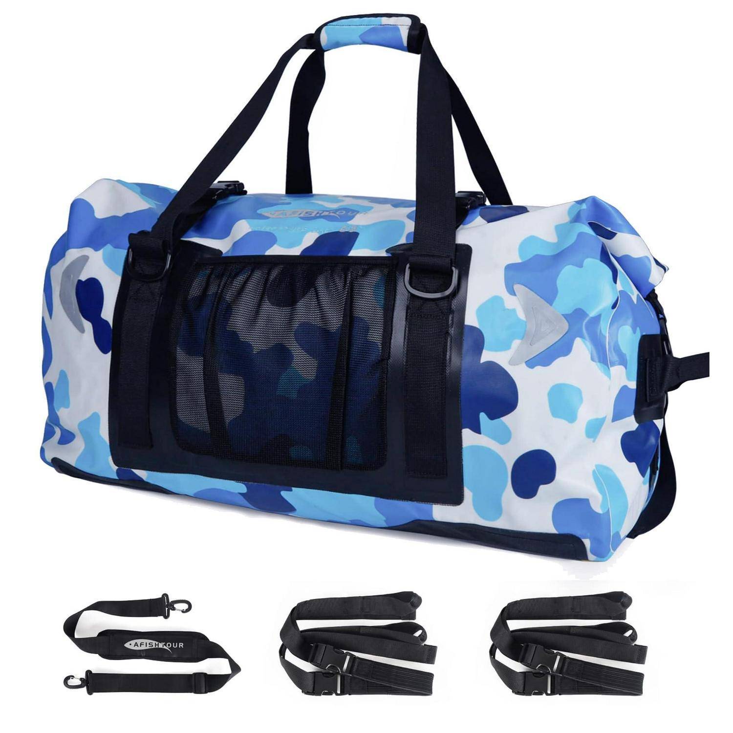 Blauer Camouflage-Sporttasche mit Schultergurt und vorderer Netztasche, darunter mit zwei abnehmbaren Riemen dargestellt.