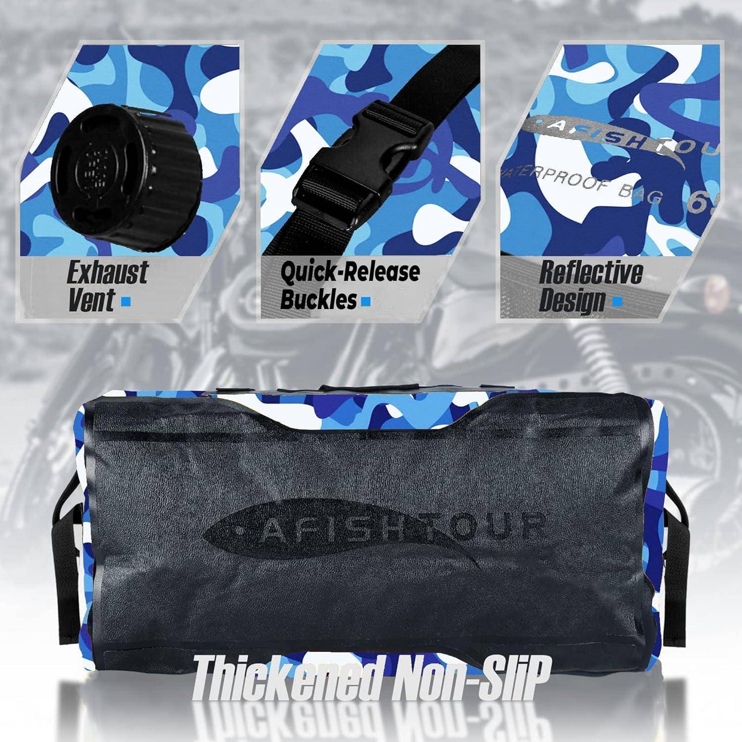 Werbebild einer Fischtasche mit Belüftungsöffnung, schnellverschluss-Schnallen, reflektivem Design und verdickter rutschfester Basis mit Griffen.