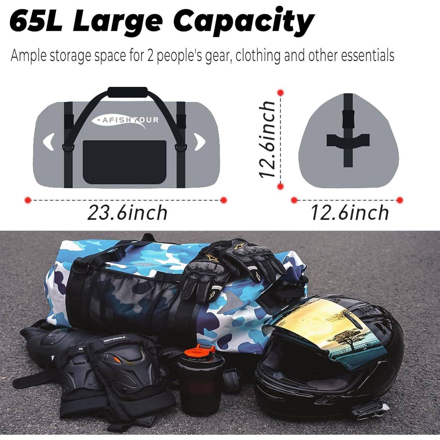 Produktbild einer 65L Reisetasche mit den Abmessungen 23,6 x 12,6 Zoll, die Kleidung und Motorradbekleidung für zwei Personen transportiert.
