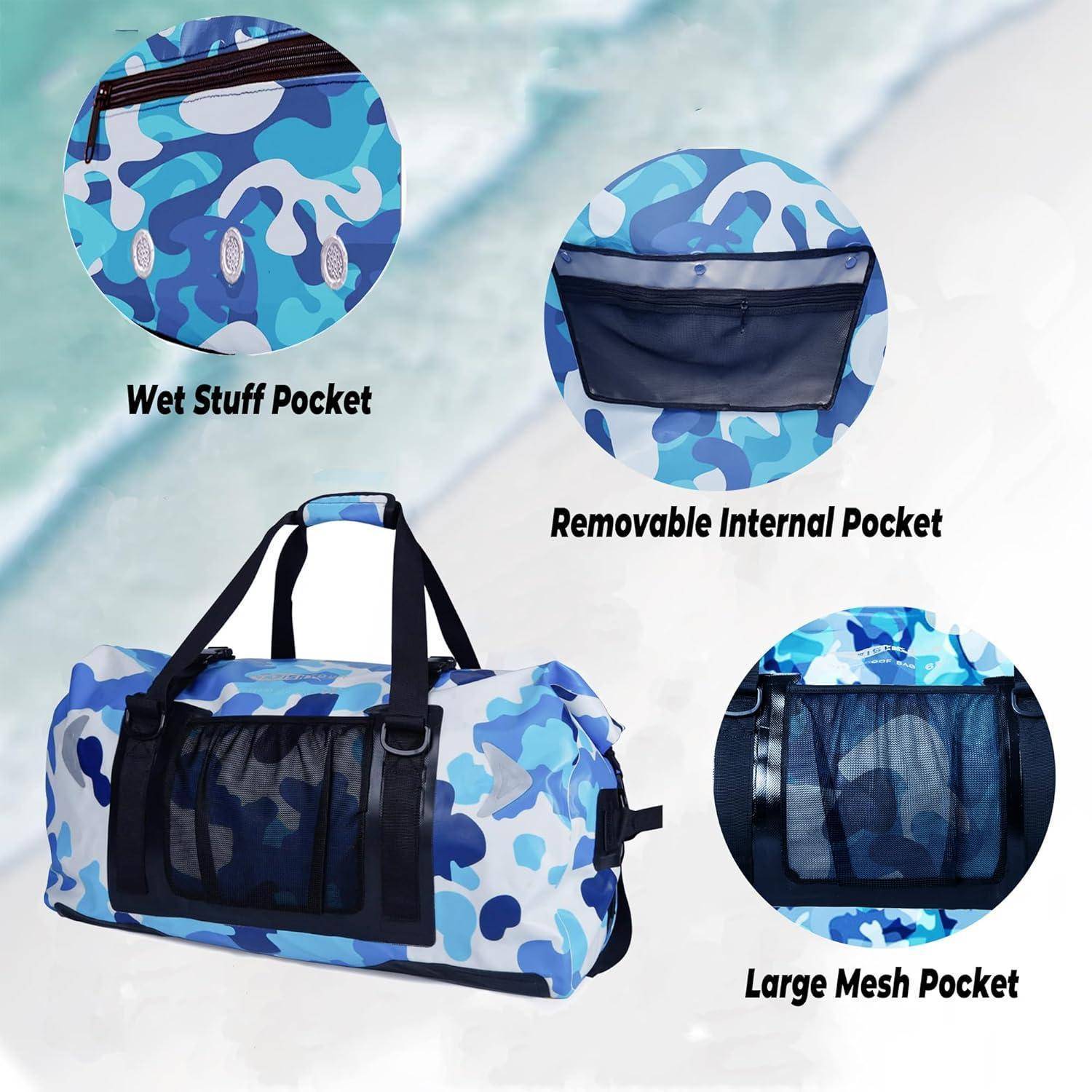 Blauer Tarnmuster-Reisetasche mit illustrierten Beschriftungen, die eine Nassfach-Tasche, eine herausnehmbare innere Tasche und ein großes Mesh-Fach zeigen.