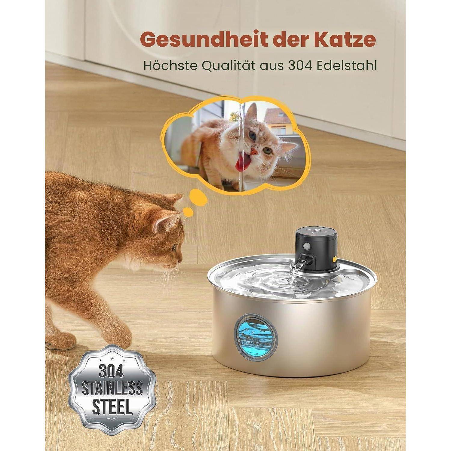 Katzenbrunnen mit Bewegungsmelder Katzen Trinkbrunnen Edelstahl: Katzentrinkbrunnen Sensor - 3.2L Trinkbrunnen für Hunde ohne Kabel - Wasserbrunnen