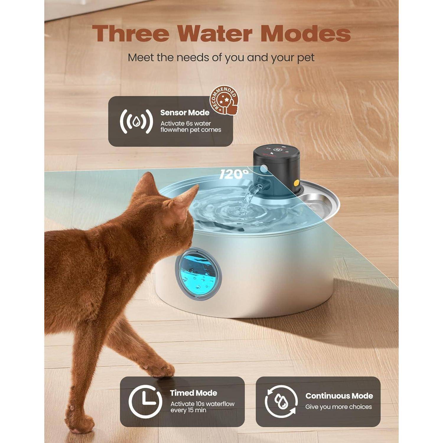 Werbebild eines Haustierbrunnen mit einer Katze, die trinkt; der Text hebt drei Wassermodi hervor: Sensormodus, Zeitmodus und Dauermodus.