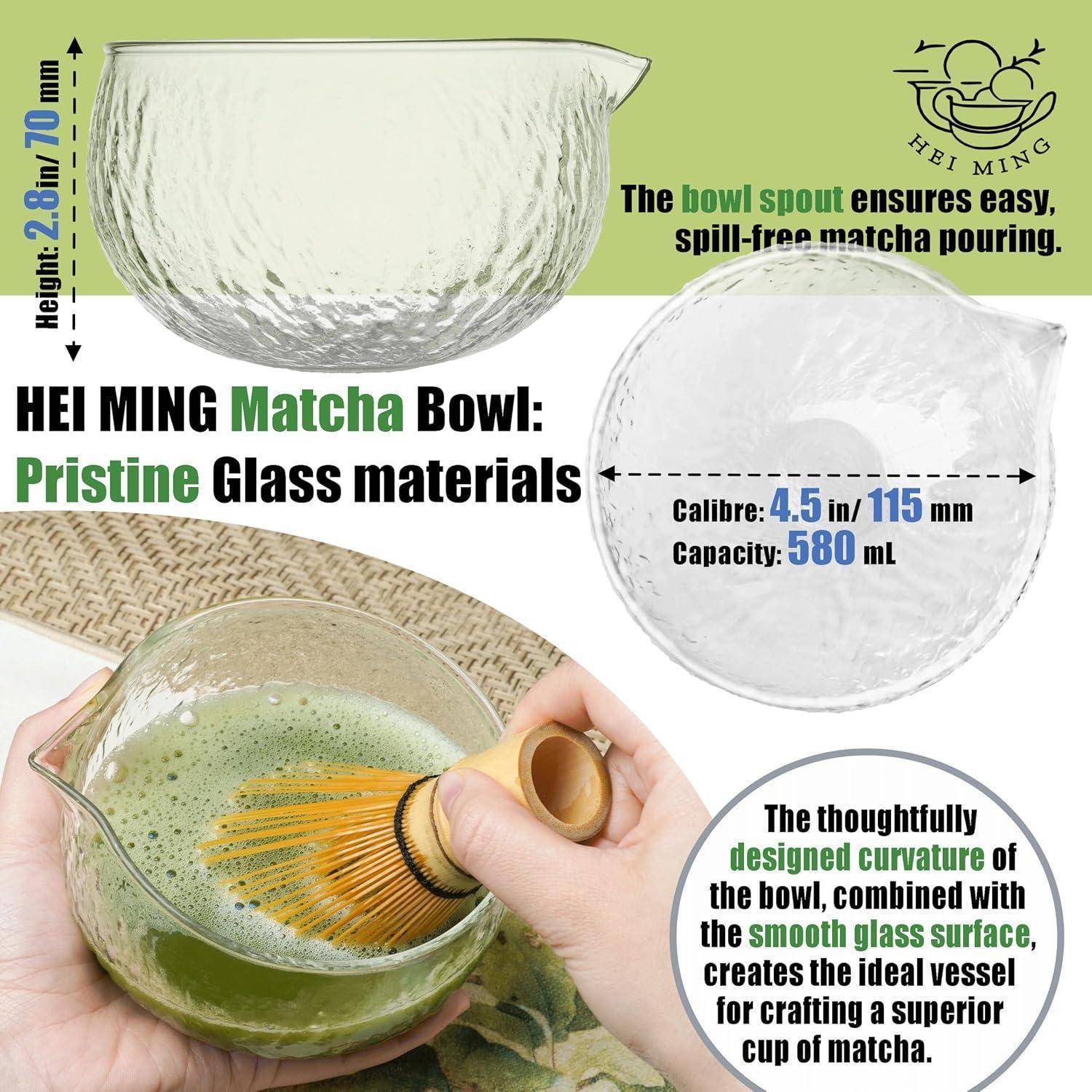 Produktinfografik, die eine HEI MING Matcha-Schale aus reinem Glas zeigt, mit auslaufsicherem Ausguss, 4,5 Zoll/115 mm Durchmesser, 580 ml Fassungsvermögen und 2,8 Zoll/70 mm Höhe.