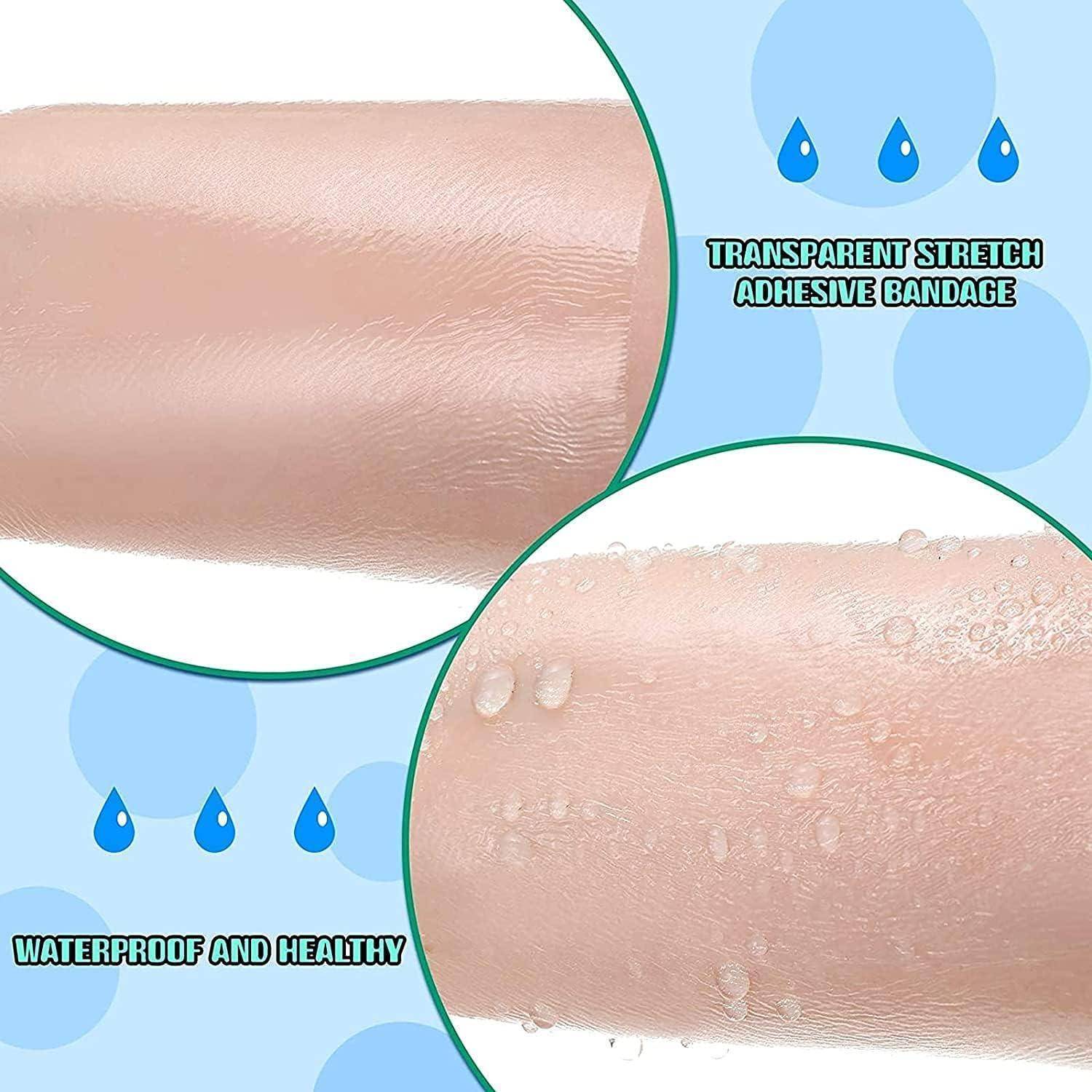 Werbegrafik, die ein transparentes dehnbares Haftpflaster auf der Haut zeigt, mit einem Bild trocken und einem anderen mit Wasser bedeckt, um den wasserdichten Schutz zu demonstrieren.
