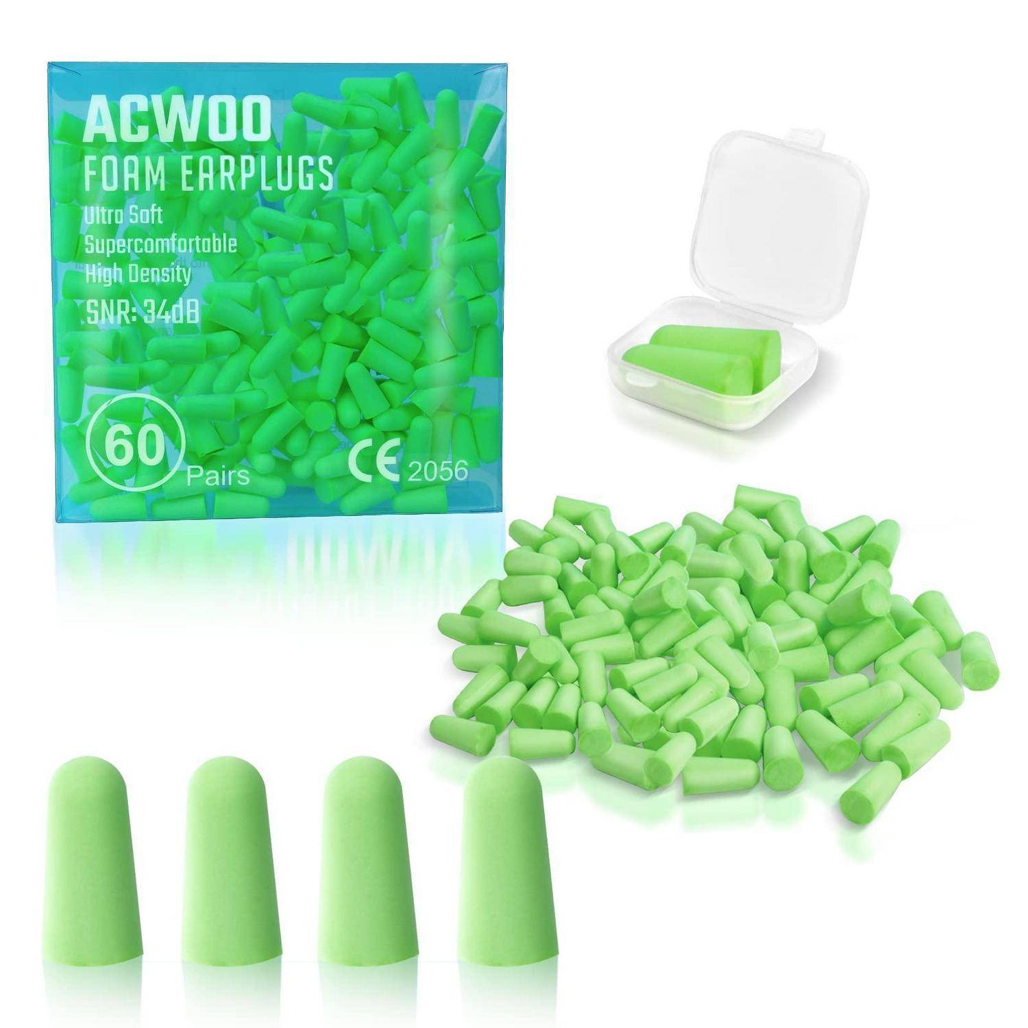 ACWOO Ohrstöpsel, 60 Paare Gehörschutz Schaumstoff Stöpsel mit Geräuschunterdrückung, Wiederverwendbare Earplugs zum Schlafen, Laute Geräusche,