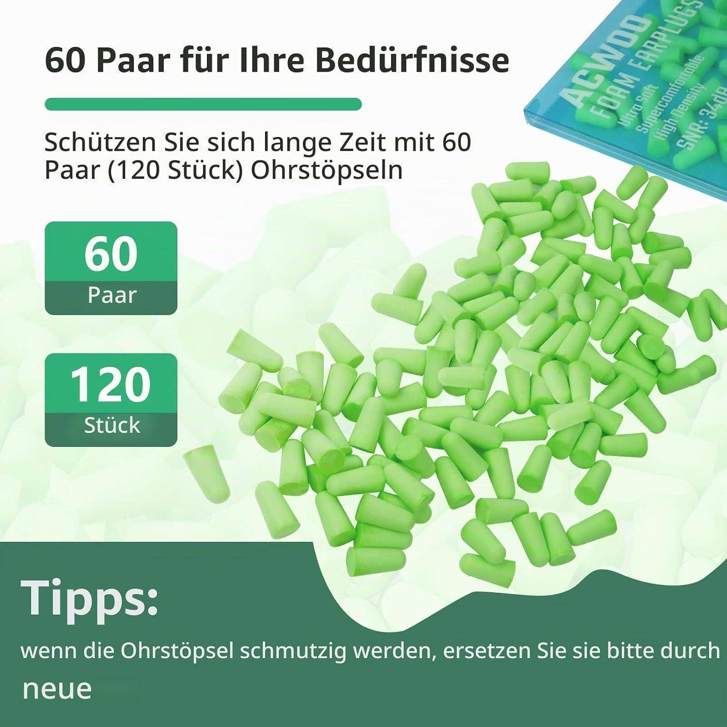 ACWOO Ohrstöpsel, 60 Paare Gehörschutz Schaumstoff Stöpsel mit Geräuschunterdrückung, Wiederverwendbare Earplugs zum Schlafen, Laute Geräusche,