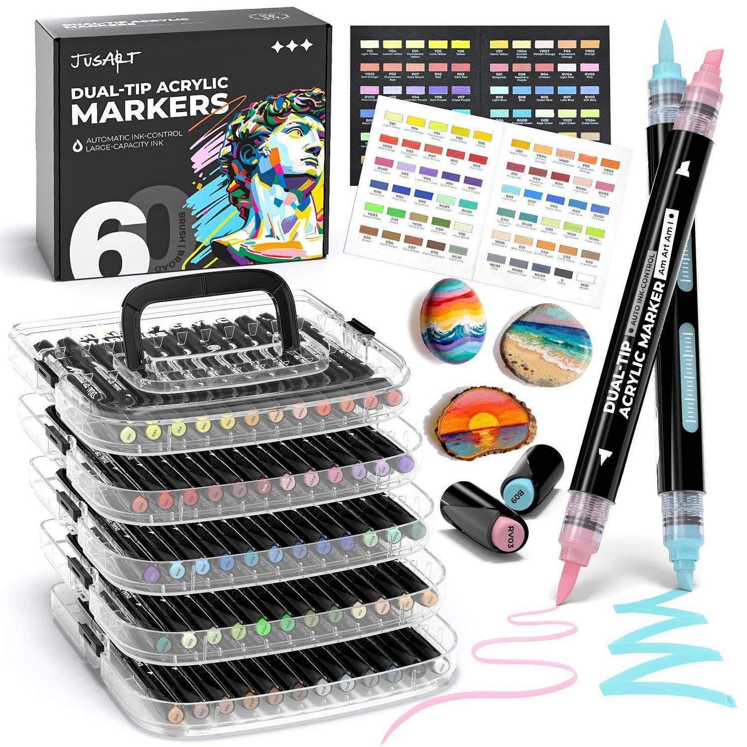 Produktbild eines Dual-Tip-Acrylmarker-Sets mit 60-Farben-Aufbewahrungskoffer, Farbmuster-Diagrammen und bemalten Mustersteine; zwei Marker in Rosa und Blau dargestellt.
