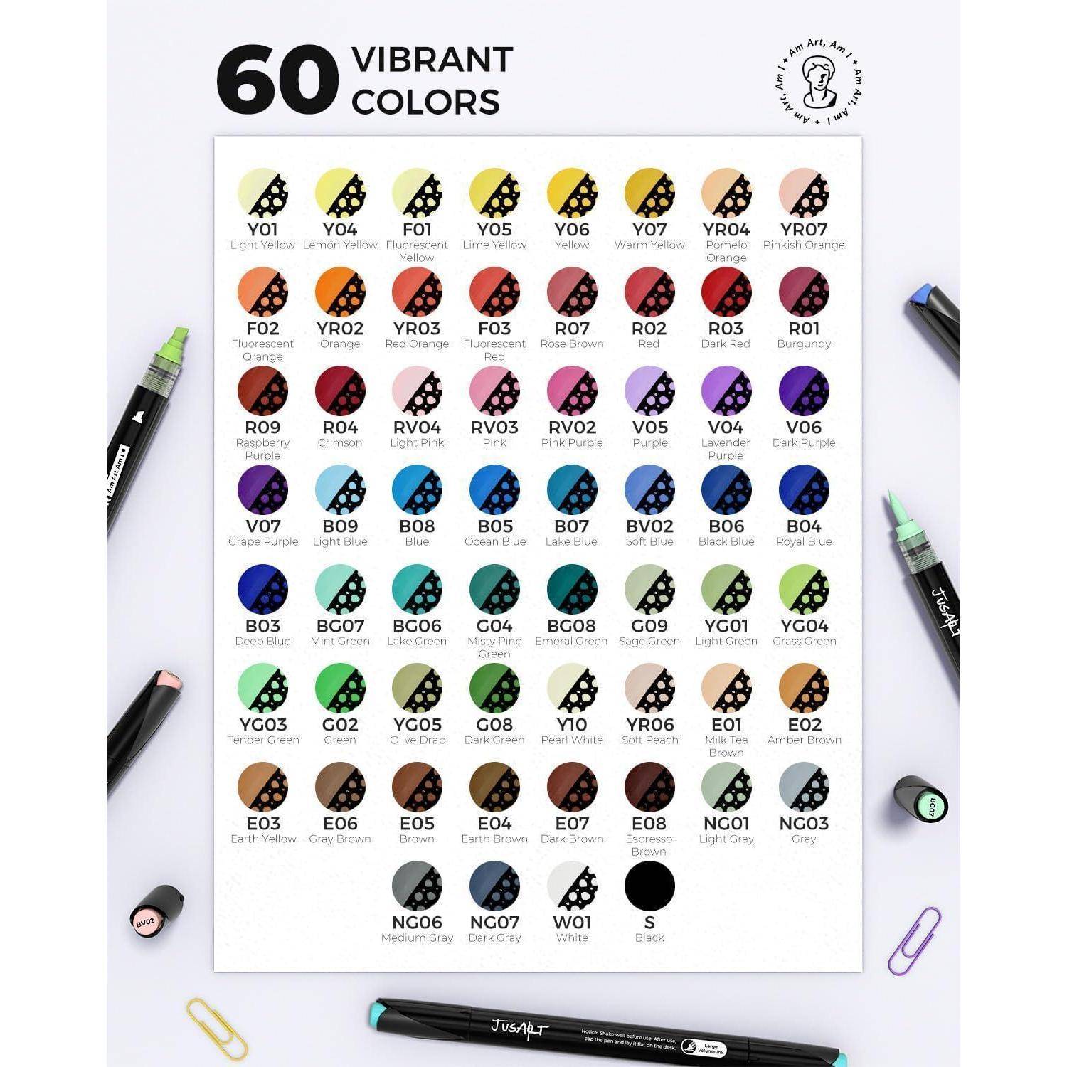 Farbdiagramm mit dem Titel „60 lebendige Farben