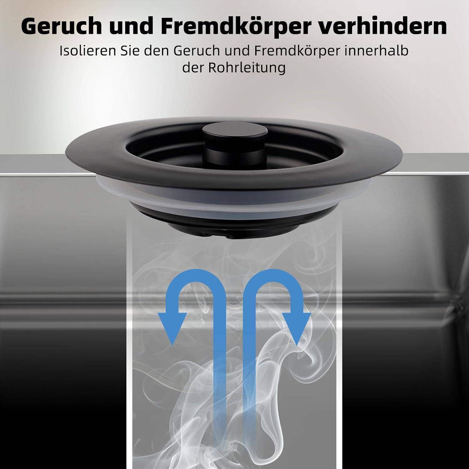 Diagramm eines Spülbeckenablauf-Einsatzes, der Gerüche und Fremdkörper in der Rohrleitung blockiert, beschriftet in Deutsch mit „Geruch und Fremdkörper verhindern