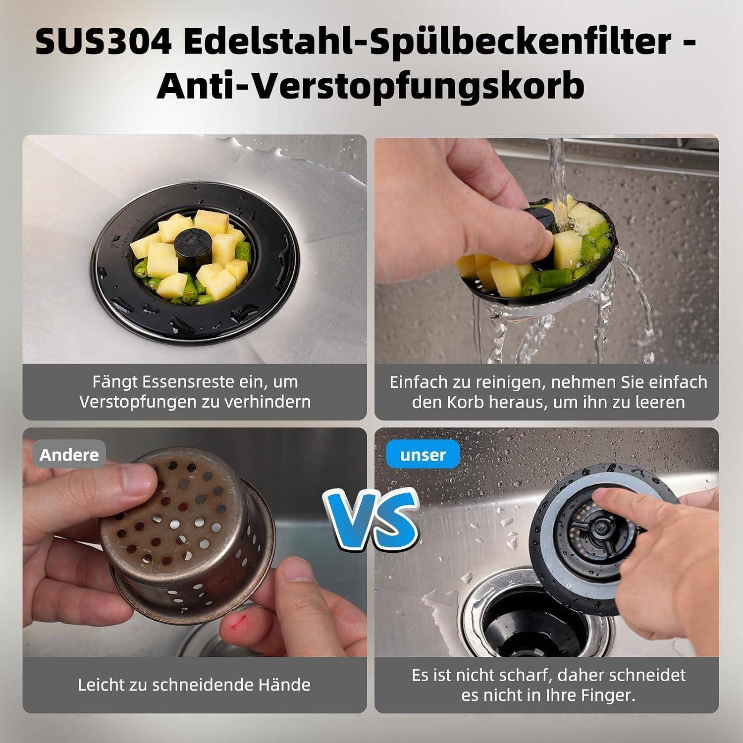 Werbevertgleich für einen SUS304-Edelstahl-Spülsieb mit Anti-Verstopfungs-Korb, das Speisereste auffängt, einfache Reinigung und sicheres Design gegenüber einem perforierten Metallsieb.