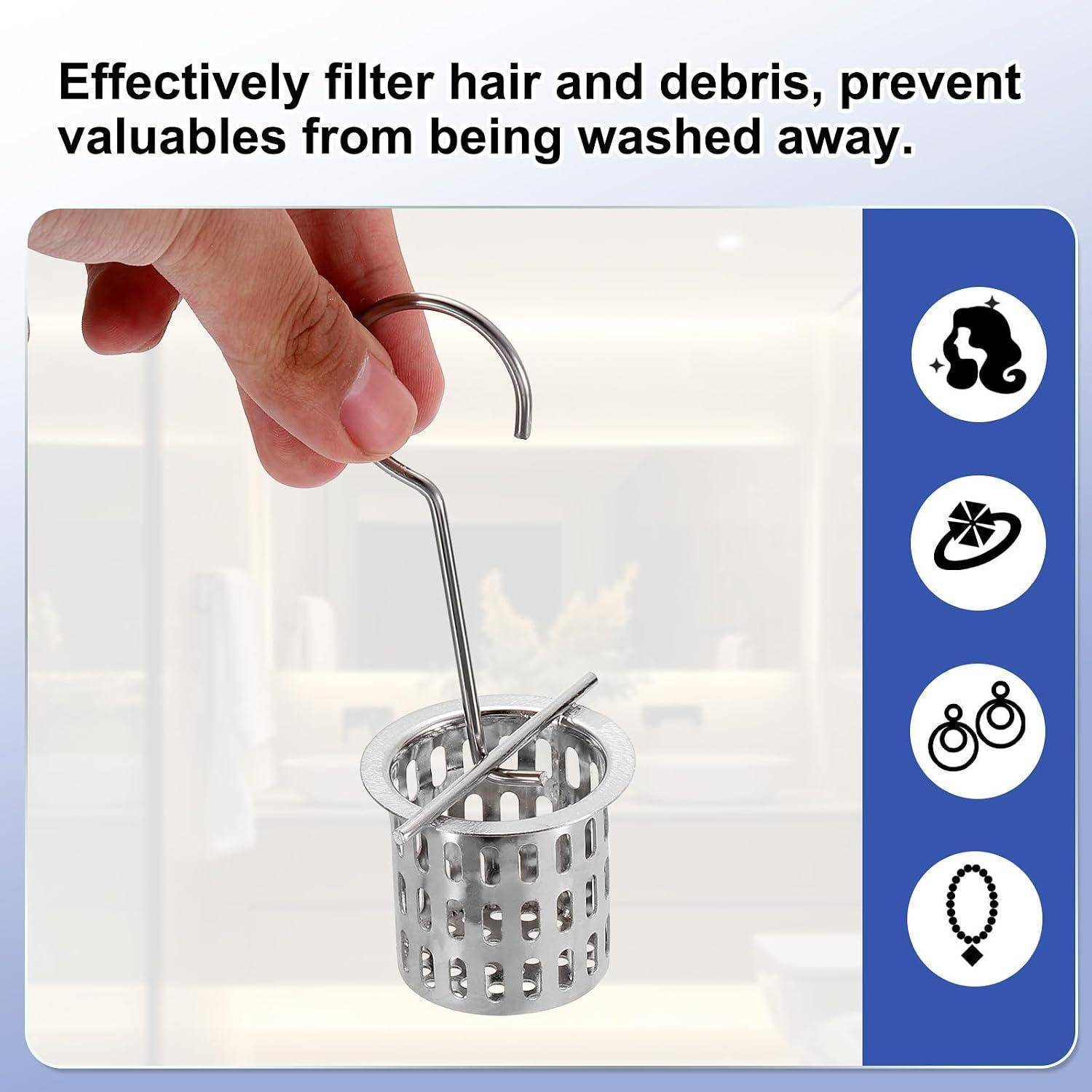 Hand hält ein Metallsieb fest, um Haare und Verschmutzungen aufzufangen, mit dem Text „Haare und Verschmutzungen effektiv filtern, verhindern, dass Wertsachen weggespült werden.