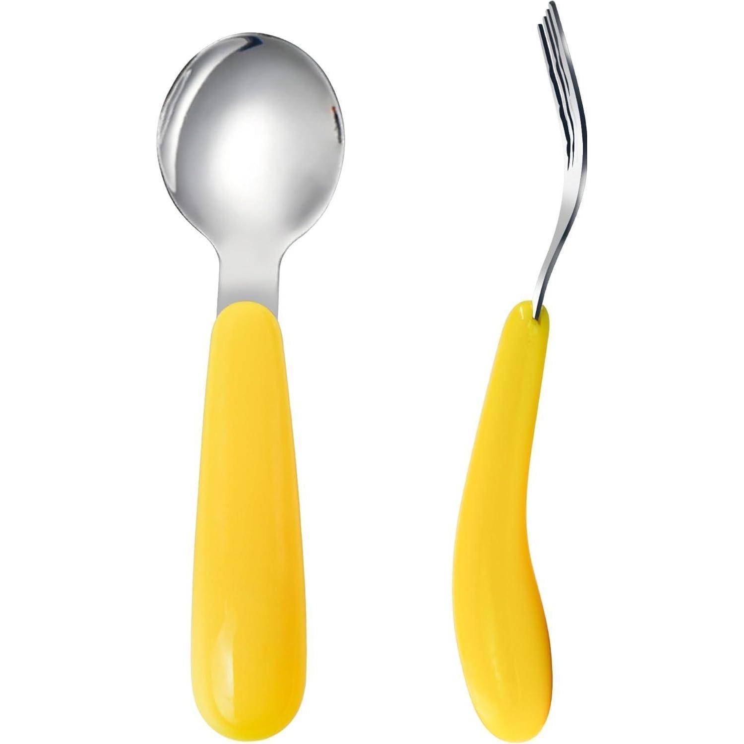 VANRA 2er Set Kleinkind Gabel und Löffel mit Reiseetui, 18/8 Edelstahl, Gelb, Kinderbesteck für Schule, Lunchbox, Camping, Picknick